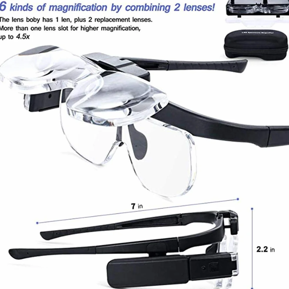 Loupe Frontale à LED Rechargeable USB, Lunettes de Grossissement Mains Libres pour Lecture, Réparation de Bijoux