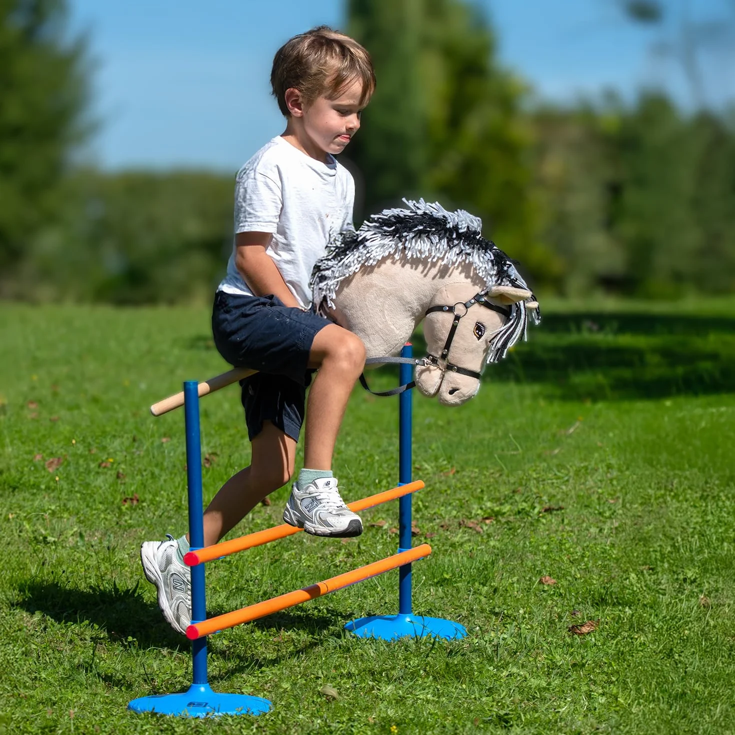 Hobby Horse Fjord A3 Cheval bâton Beige crins Noirs et Blanc Filet Complet Frontal Scintillant Jouet Équestre