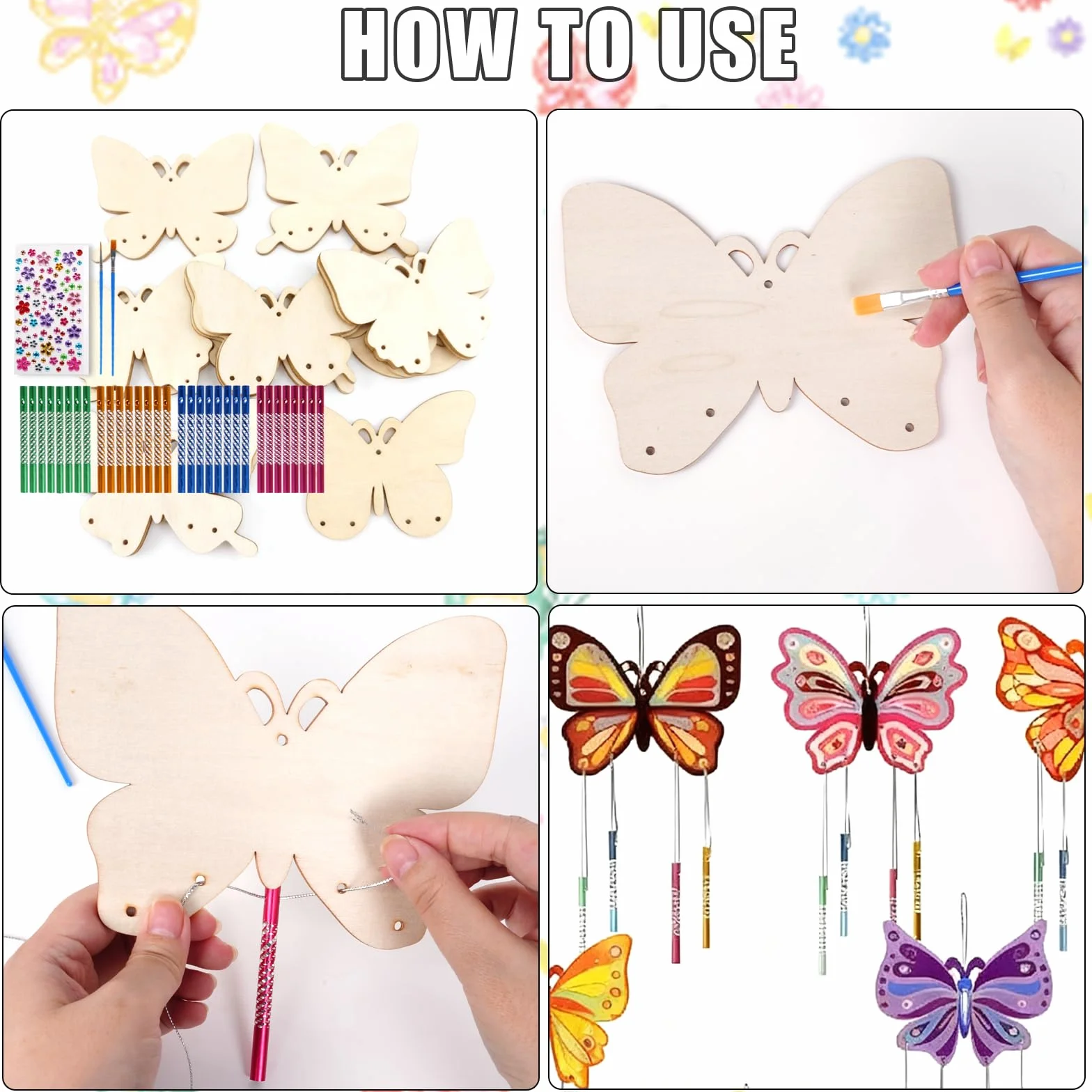 Kit de Bricolage Carillon Éolien Enfants 8 Pièces Bois Papillon