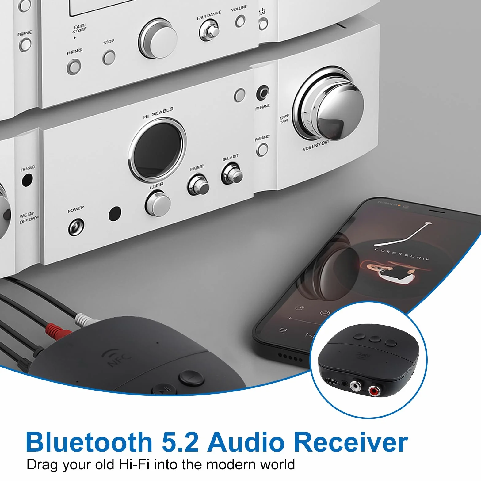 Récepteur Bluetooth 5.2 Adaptateur Audio Jack 3.5 mm RCA NFC pour Système Stéréo Haut-Parleurs