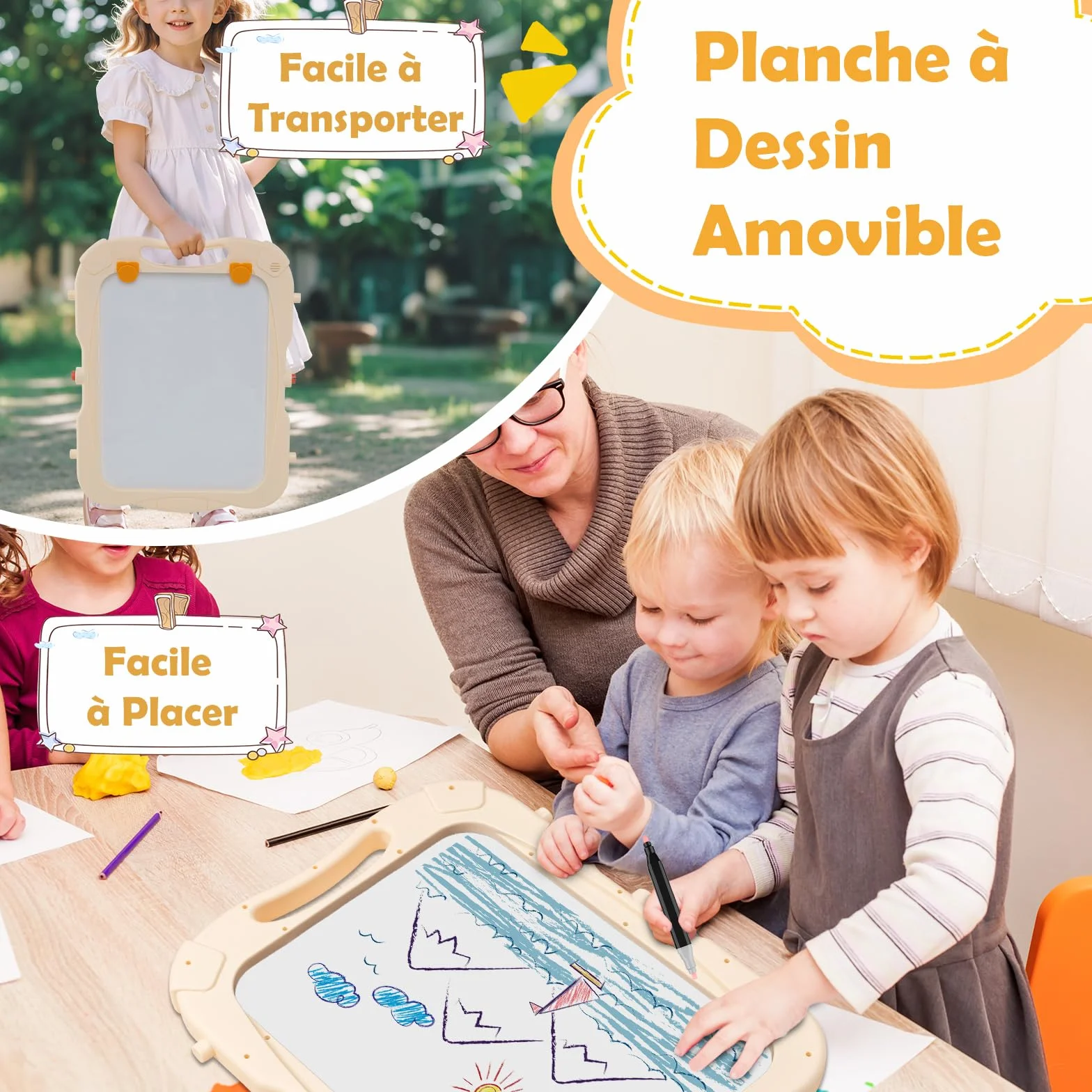 COSTWAY Tableau Enfant Double Face Chevalet avec Hauteur Réglable, Plateau Rangement 2 Pots, Pivotant 360° 3 Ans+ Orange