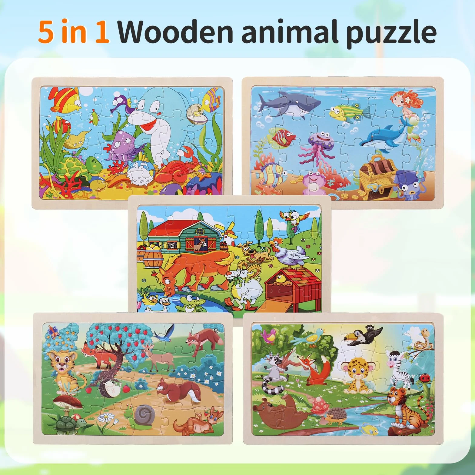 Puzzle Enfant 3 Ans 5 X 24 Pièces Bois Animaux Jouet Educatif Préscolaire pour Garçons Filles