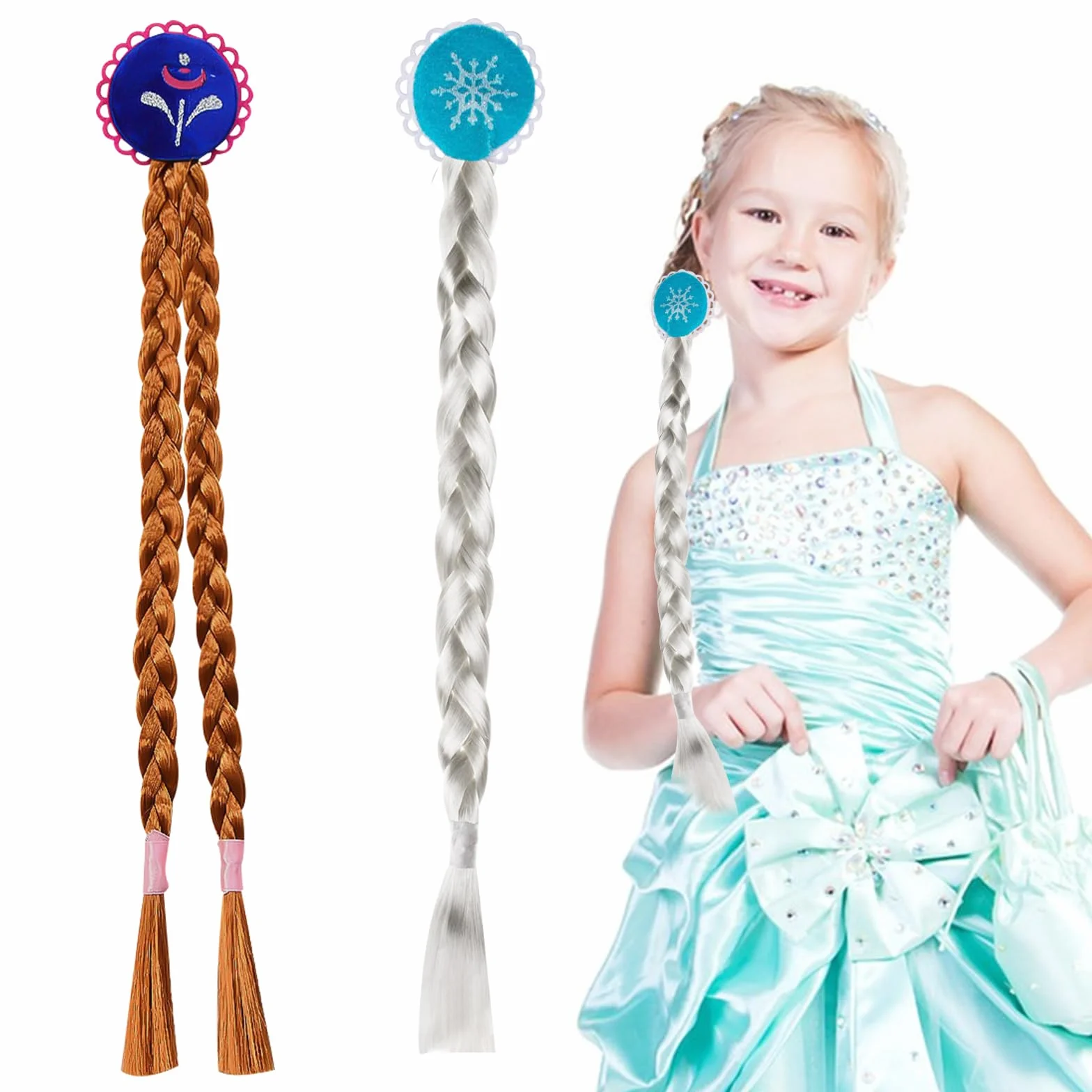 Perruque Princesse Enfant 2 PCS, Longue Perruque Déguisement Fille, Tresses Cheveux Extensions, Accessoire Costume Halloween Carnaval Cosplay
