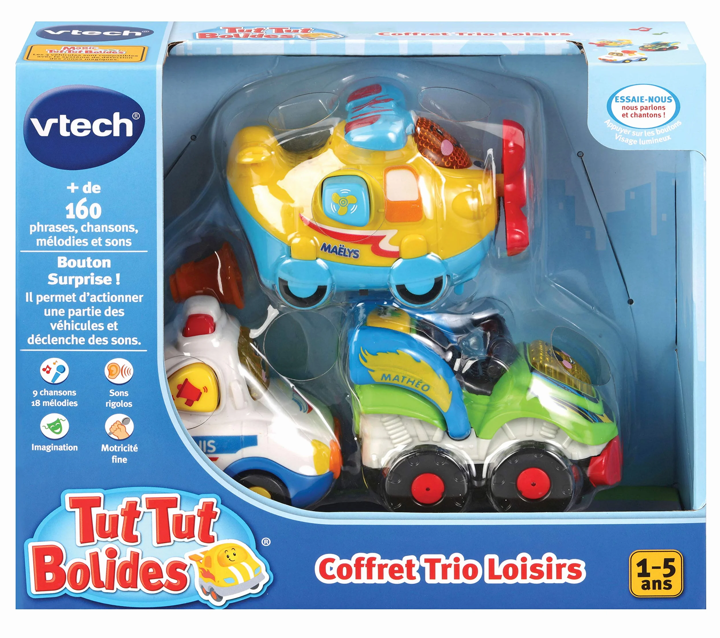 VTech Tut Tut Bolides Coffret Trio Loisirs 3 Voitures Interactives Avion Hélices Police Quad Jouet Musical Enfant 1-5 Ans Français