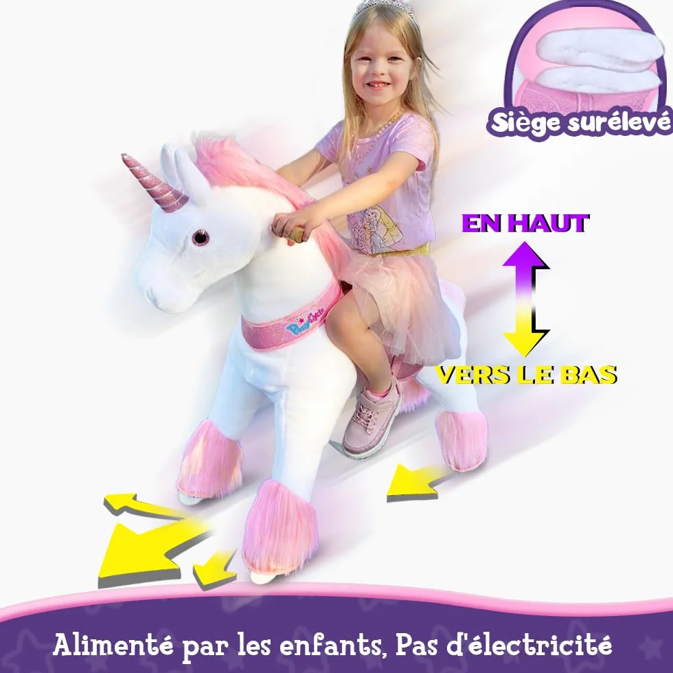 PoneyCycle Officiel Classique Modèle U Licorne Rose Jouet en Peluche sur Roues avec Frein et Son Hauteur 90cm Taille 4 pour 4-7 Ans