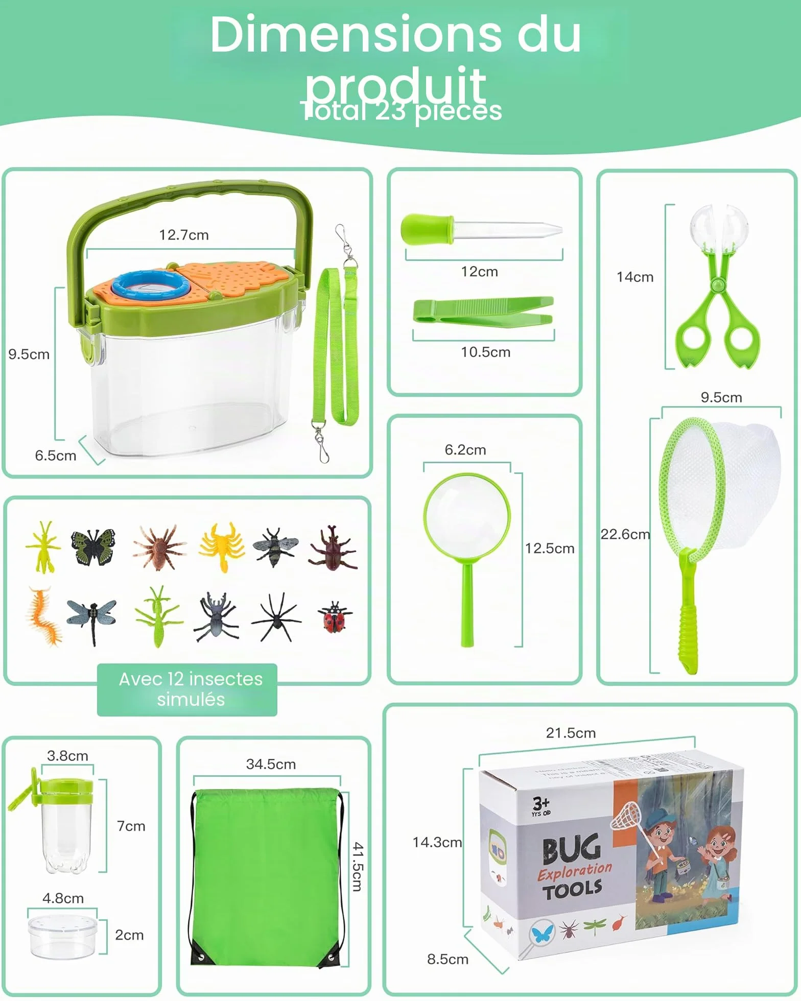 Growithu Kit de Chasse aux Insectes pour Enfants 23 pièces Attrape-Insectes Jouets d'exploration en Plein air 3-7 Ans