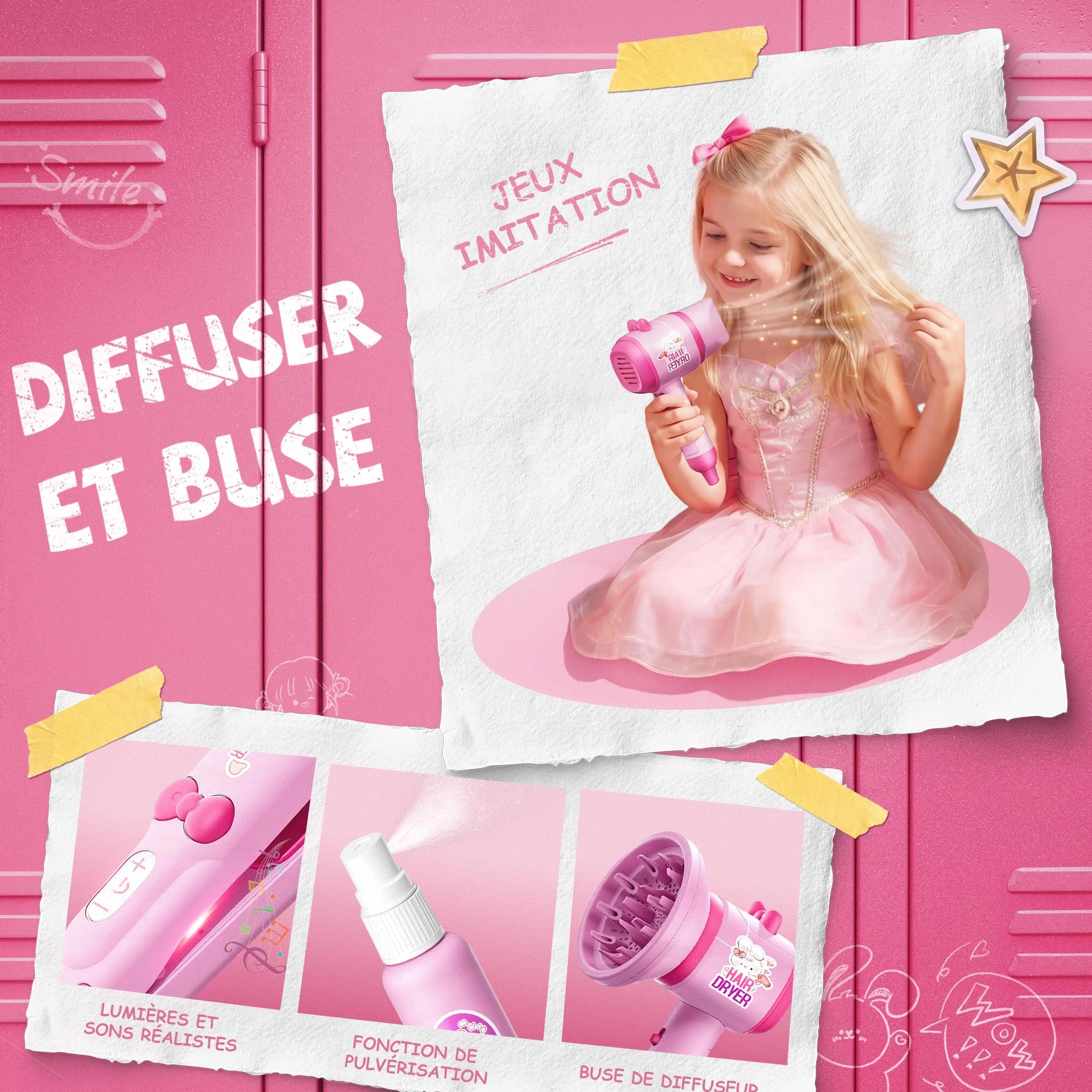 Kit de Salon de Coiffure pour Filles, 28 Pièces Jouets avec Son et Lumières, Jeu de Rôle 3-8 Ans