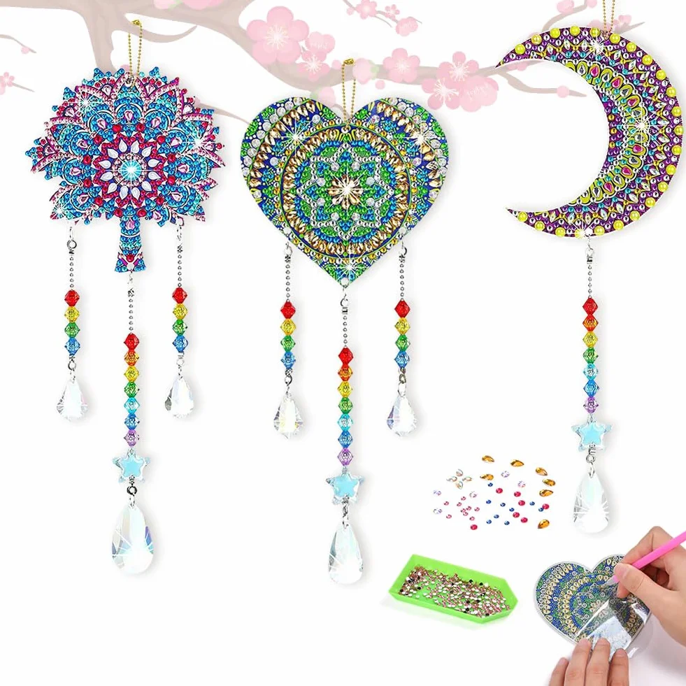 Aolso Diamond Painting Wind Chimes, 3 Pièces DIY Carillon à Vent en Cristal Pendentif 5D Double Face (Lune)