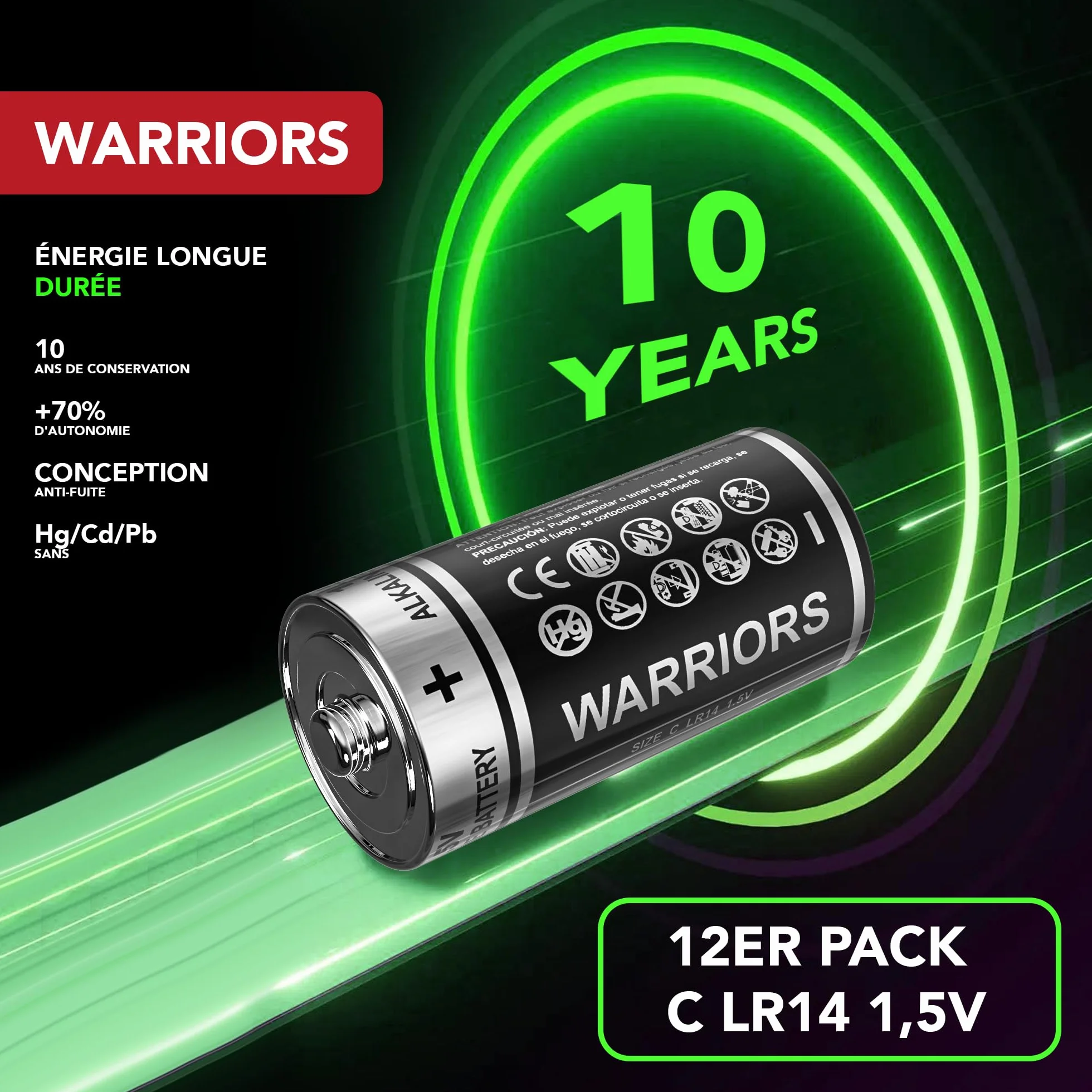 Piles LR14 C Alcalines 1,5V Lot de 8 Warriors 8X Anti-Fuite 10 Ans