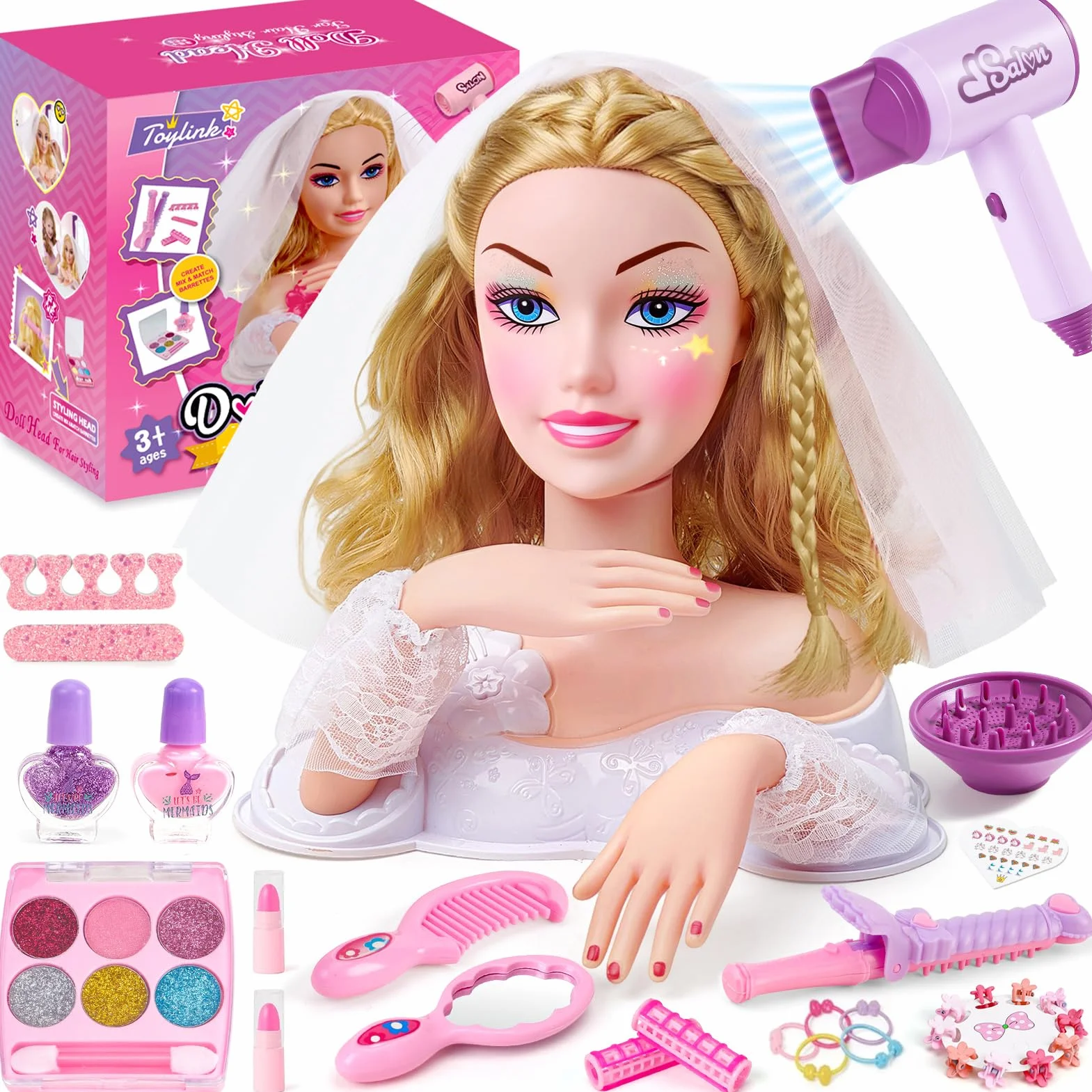 Vamei Tete a Coiffer Enfant avec Accessoires Coiffure, Poupée Maquillage Sèche-Cheveux, Salon Jouet Cadeau Fille 3-6 Ans