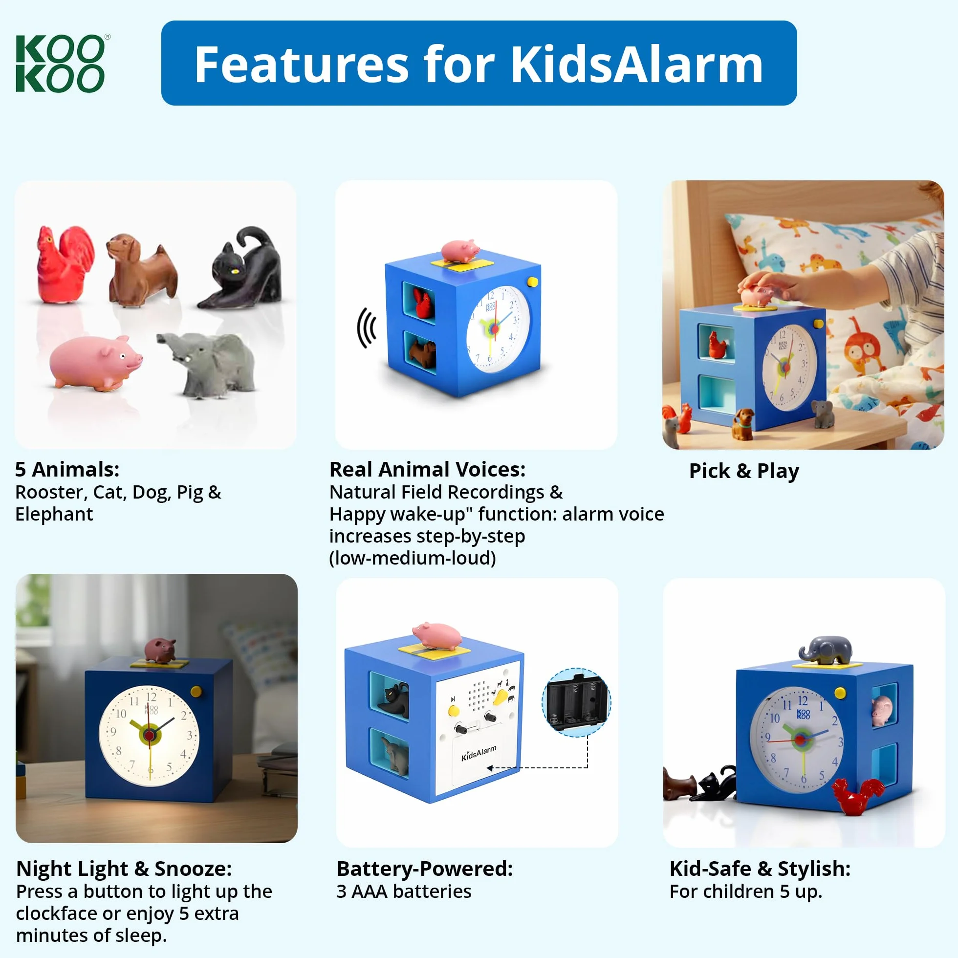 KOOKOO KidsAlarm Bleu réveil pour Enfants avec 5 Animaux de la Ferme
