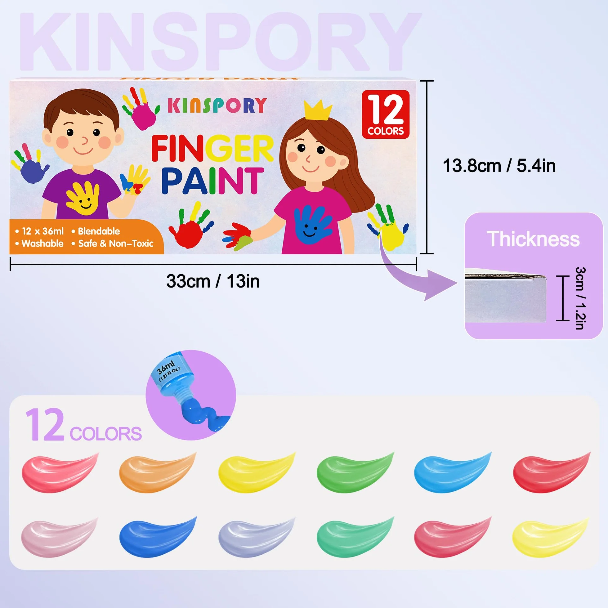 KINSPORY Peintures à Doigts Enfants 12 x 36 ml – Peintures Lavables Non Toxiques pour Tout-Petits