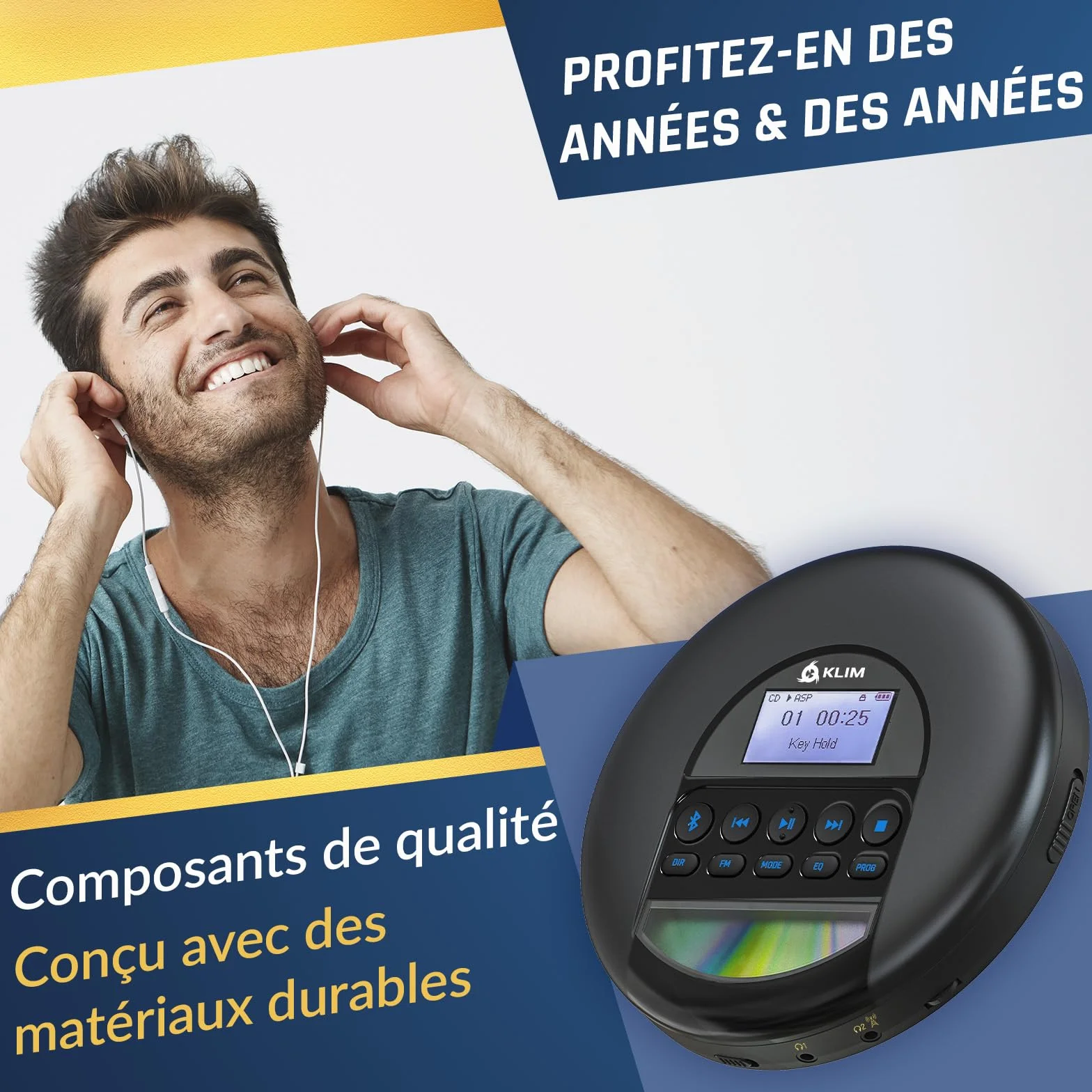 KLIM Nomad Lecteur CD Portable Bluetooth Batterie Intégrée Longue Durée Noir Bleu