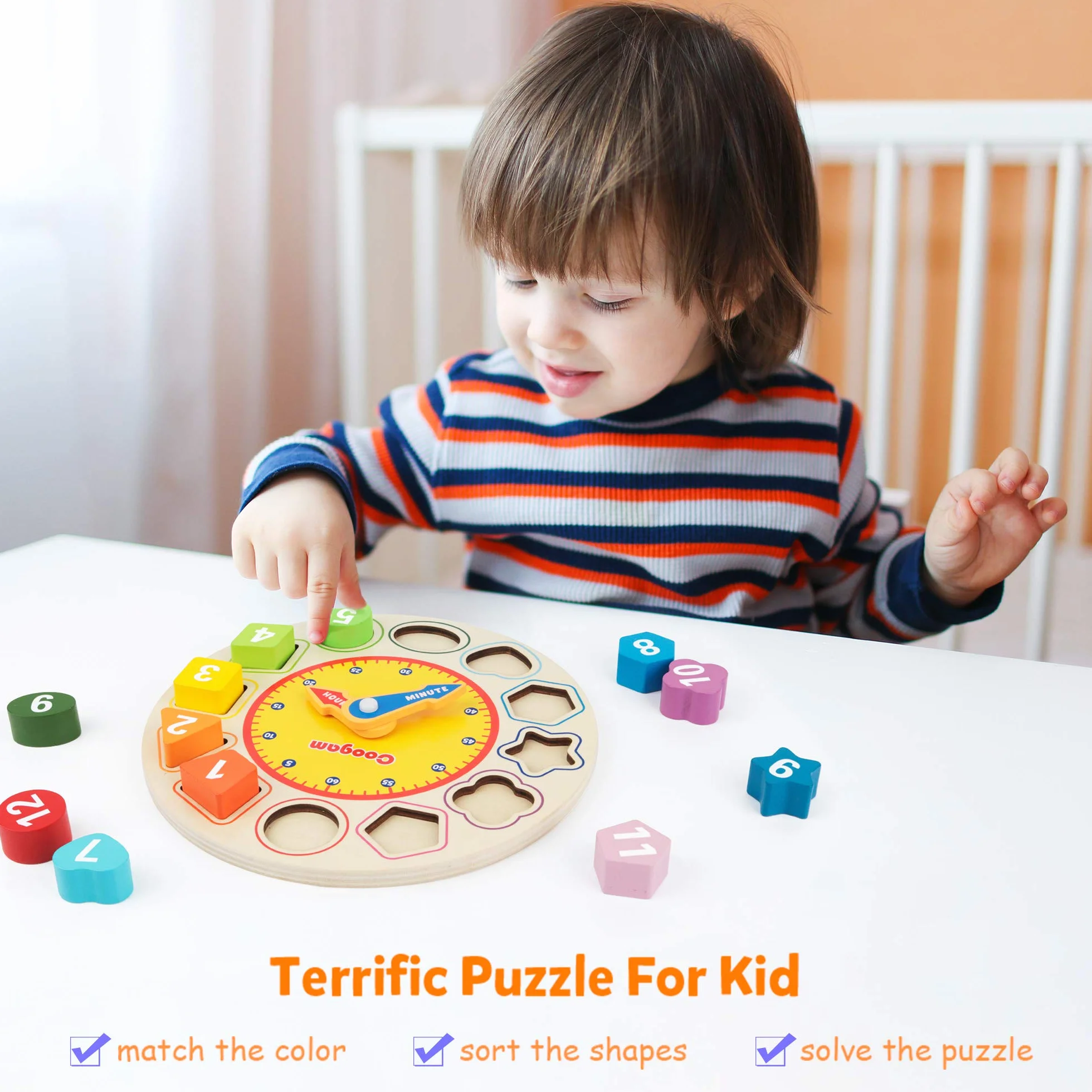 Coogam Horloge en Bois Forme Tri Puzzle Montessori Apprentissage précoce Jouet éducatif Cadeau Bambin