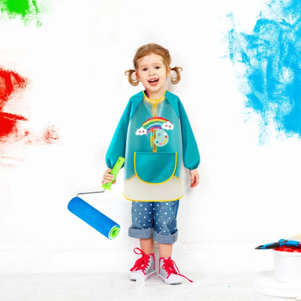 Tablier peinture enfant imperméable TPU poignets élastiques réglable Vert