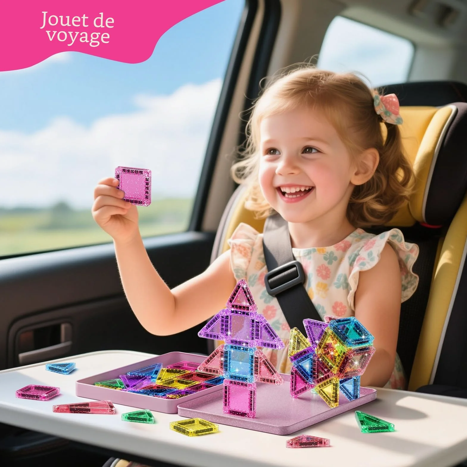 Lot de 42pcs Magnétiques de Voyage à Paillettes Jouet de Voyage pour Enfants Blocs de Construction Magnétiques Cadeau pour Fille