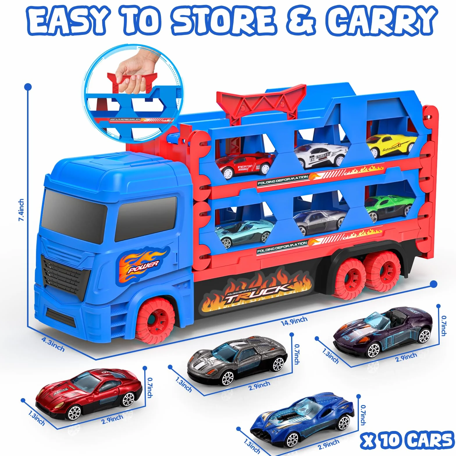 Camion Transporteur Voiture avec Pistes Pliables 165cm et 10 Mini Voitures pour Enfants 3-6 Ans