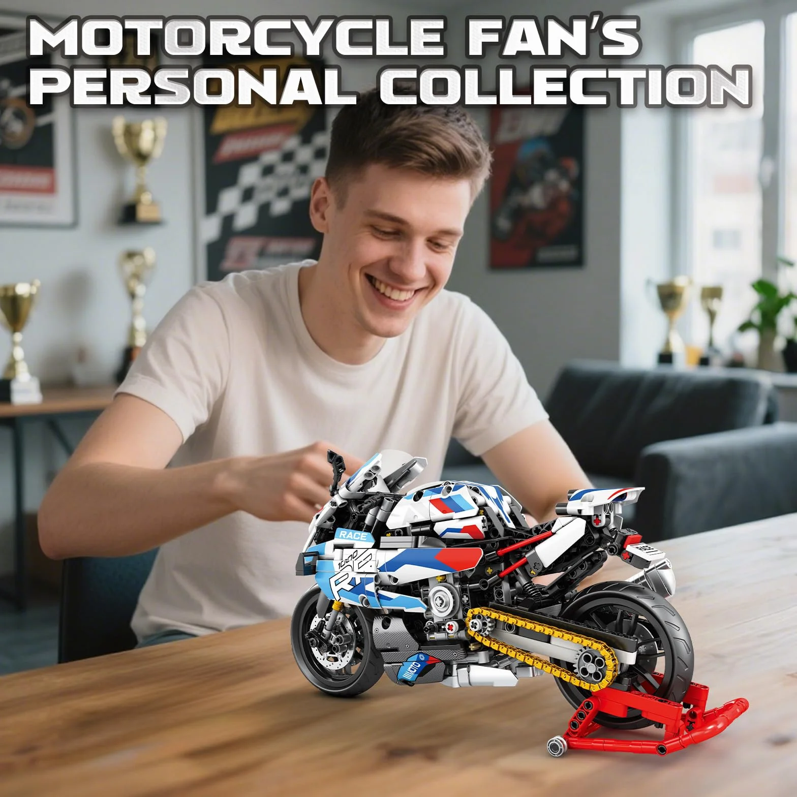 Reobrix Jouet de construction Moto 1000 RR Adultes, Set de briques Technics 1:8, 99040 Modèle de super-moto avec support (949 pièces)