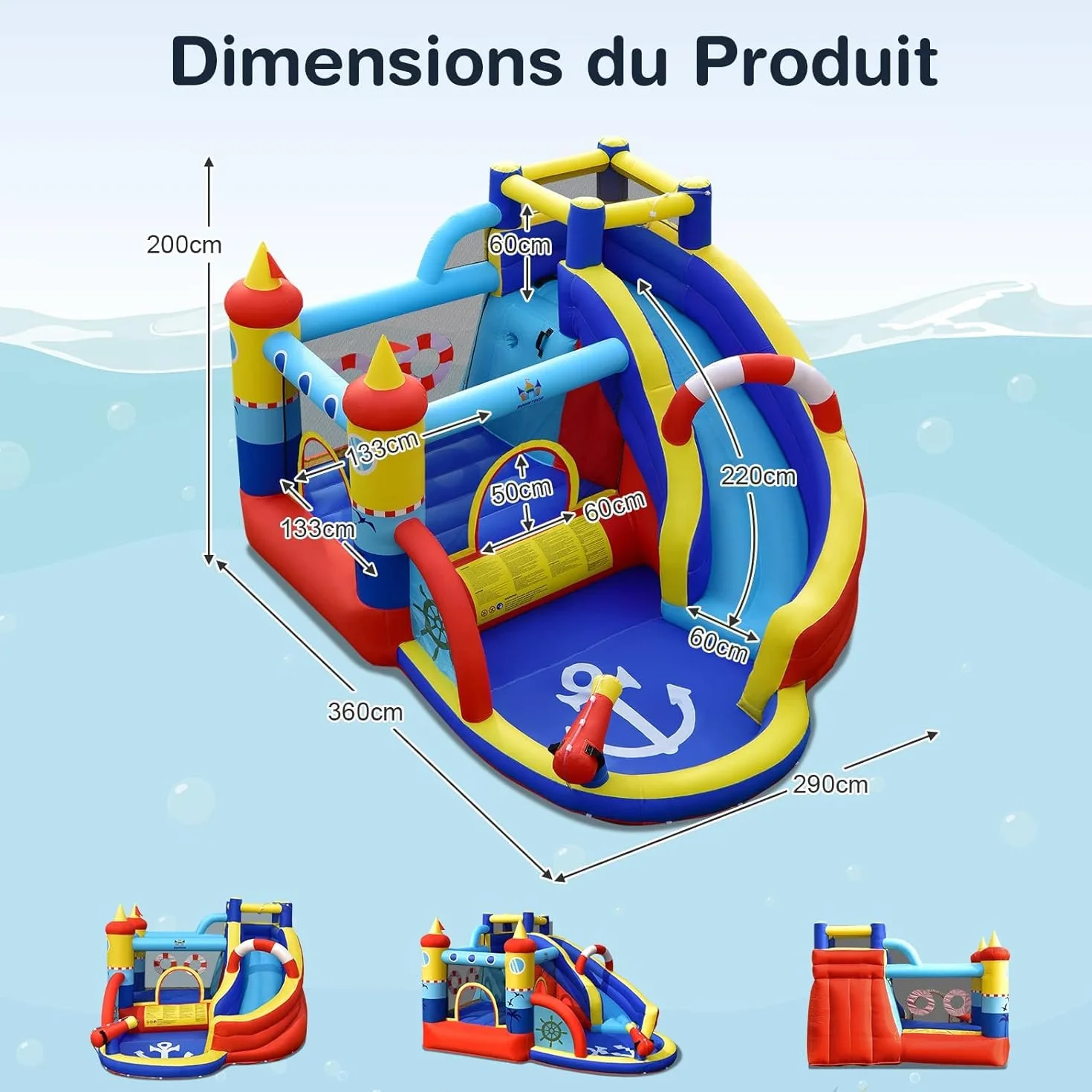 COSTWAY 5 en 1 Château Gonflable Pirate avec Toboggan, Mur d'escalade & Souffleur 550W, 360x290x200cm