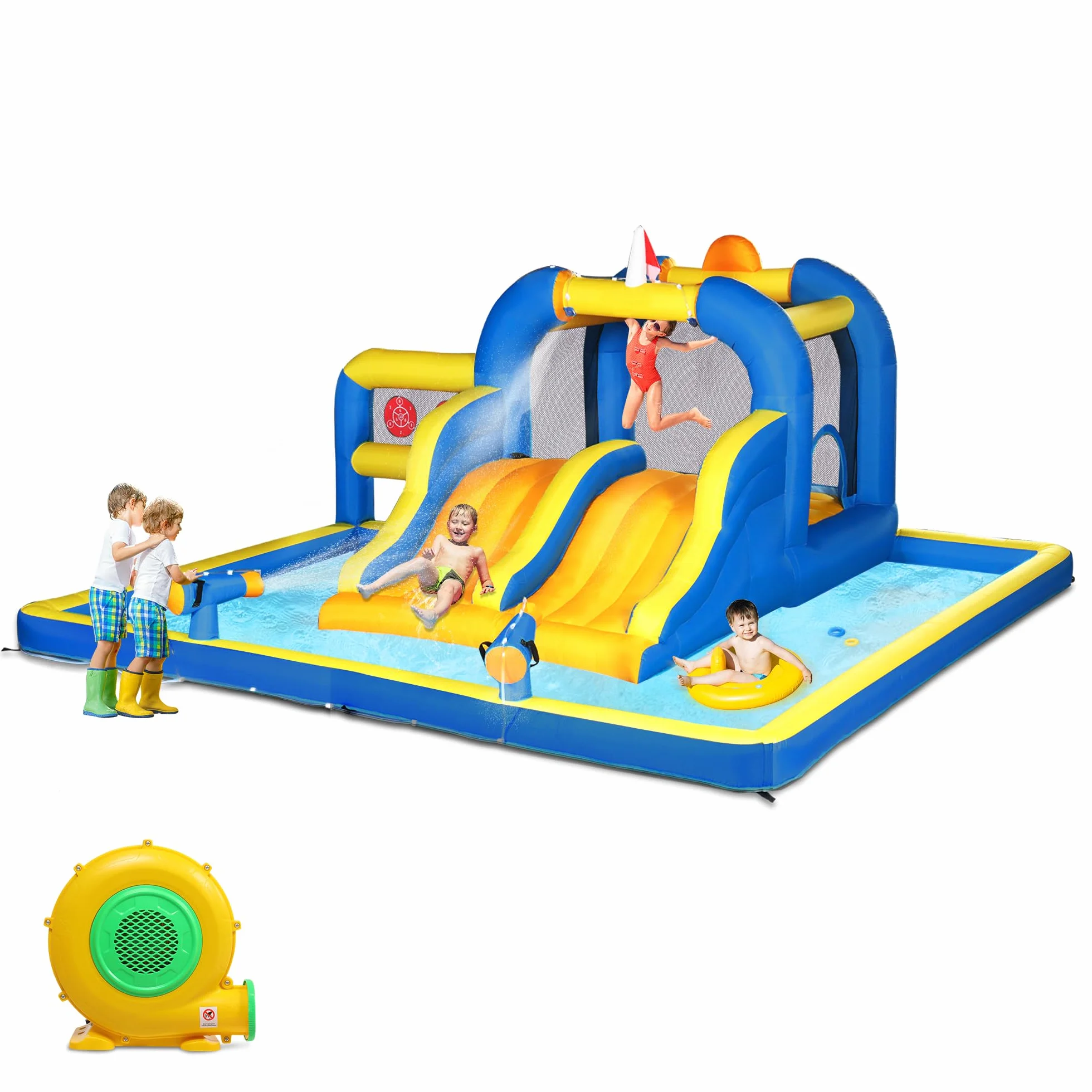 LEADZM Château Gonflable pour Enfants avec Double Toboggan, Zone de Saut, 470x472x260 cm, 150 kg