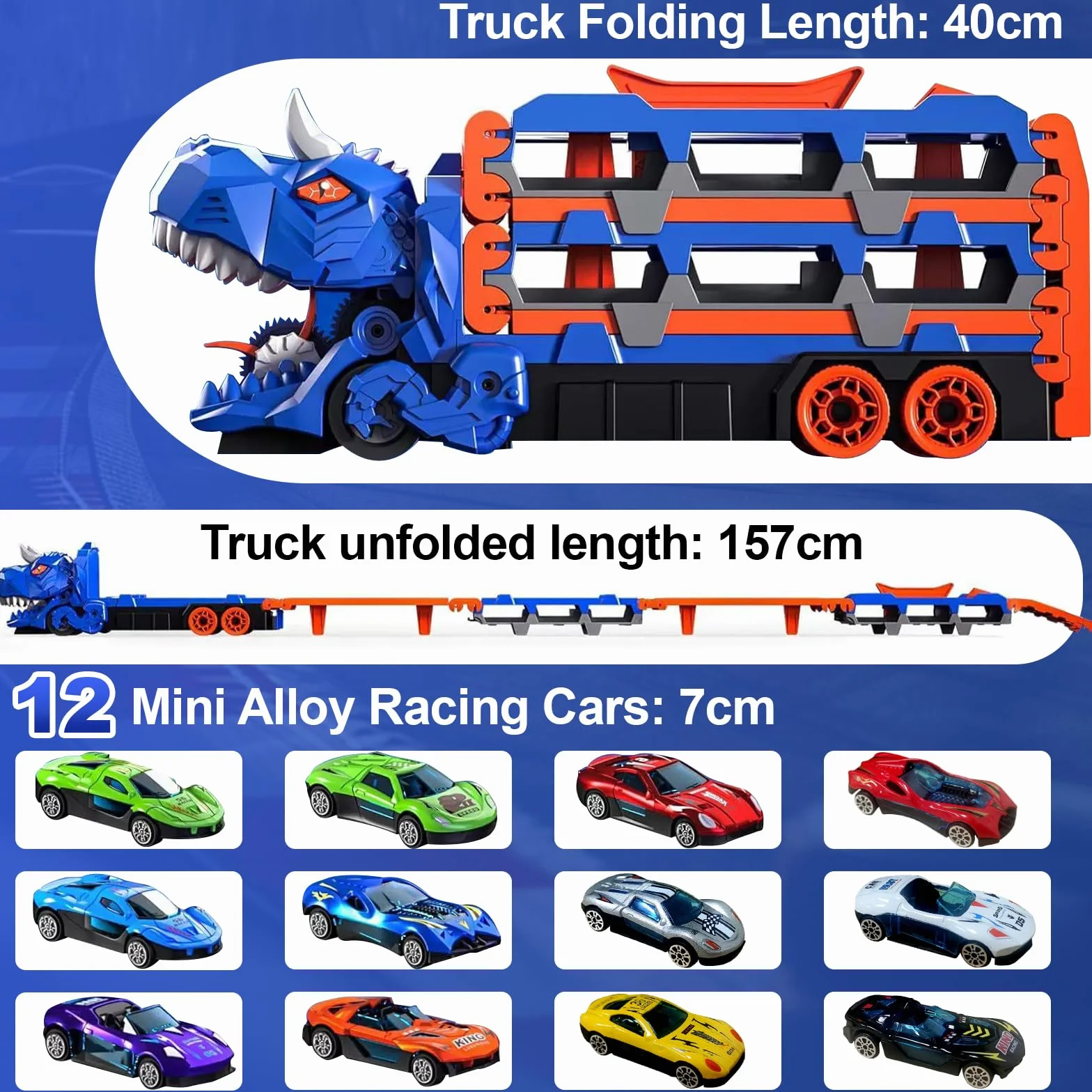 Camion Dinosaure Jouet Transporteur avec 12 Voitures et 160cm Pistes Pliables pour Garçons 2-6 Ans