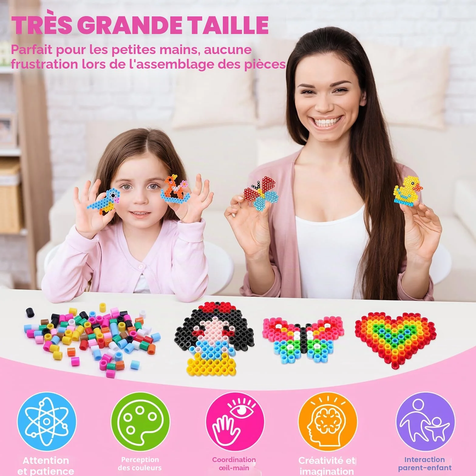 Perles à Repasser 10 mm Lot de 1200 avec Plaque Carrée et Motifs Créatifs pour Enfants