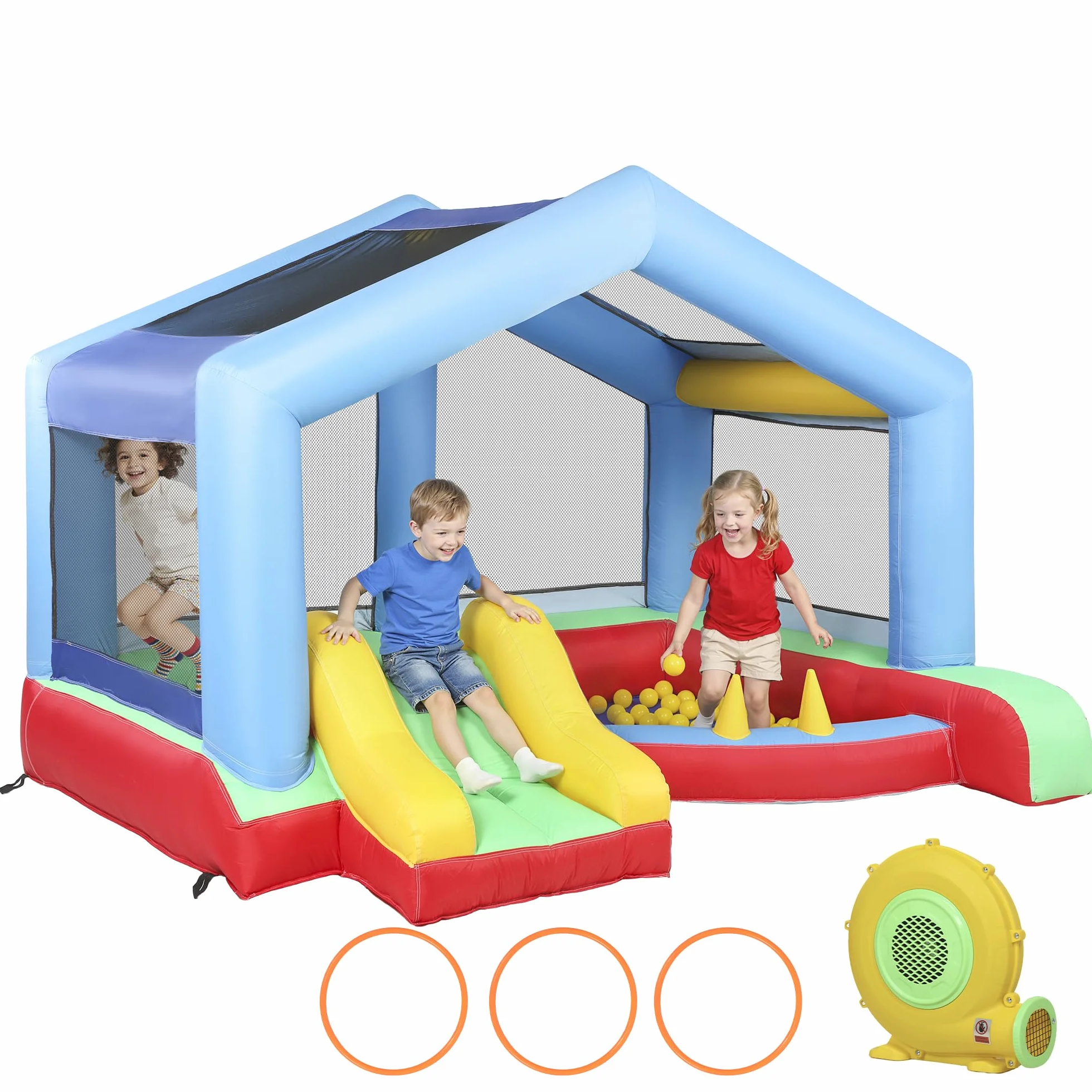 AIYAPLAY Château Gonflable 4 en 1 avec Toboggan, Piscine à balles, Jeu de Lancer d'anneaux, Toit à Protection Solaire, pour 3 Enfants 3-8 Ans