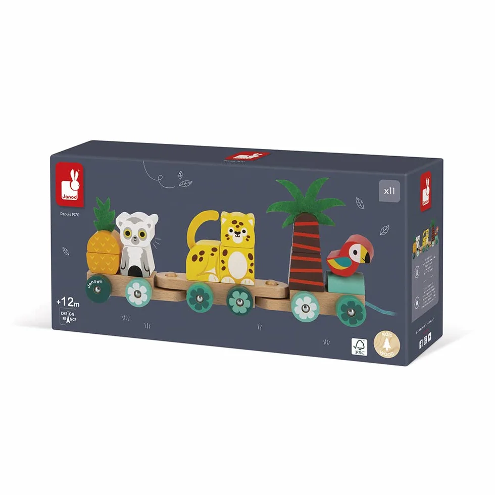 Janod Train Tropical à Tirer Tropik Jouet en Bois 11 Pièces 3 Wagons Motricité Coordination Main Œil FSC Dès 1 an