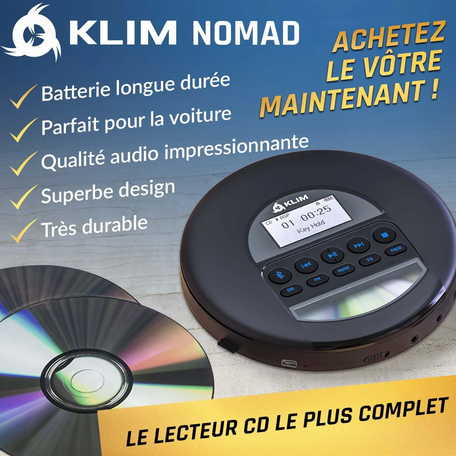 KLIM Nomad Lecteur CD Portable Bluetooth Batterie Intégrée Longue Durée Noir Bleu