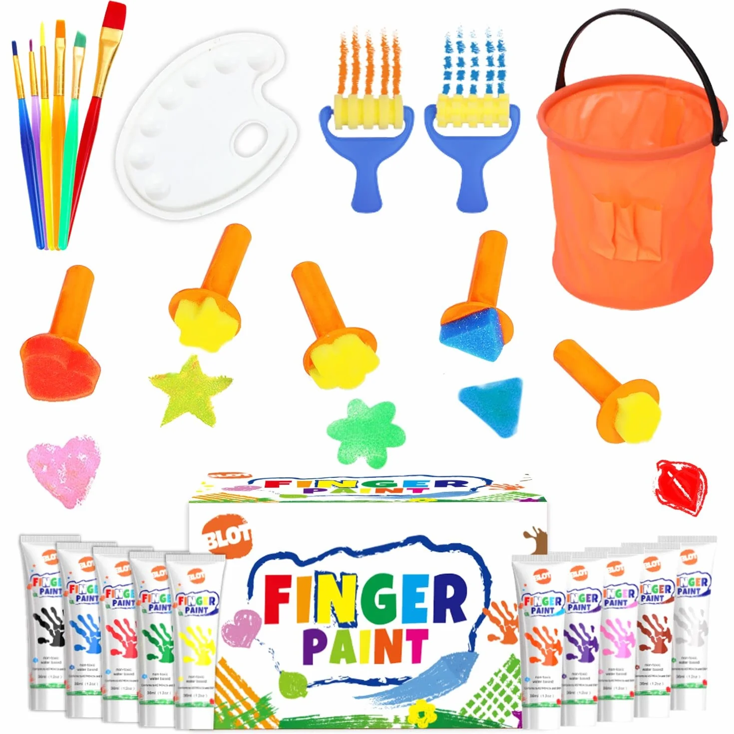 Peinture au Doigt Lavable Non Toxique Kit avec Éponge Pinceaux Palette pour Enfant Apprentissage Précoce