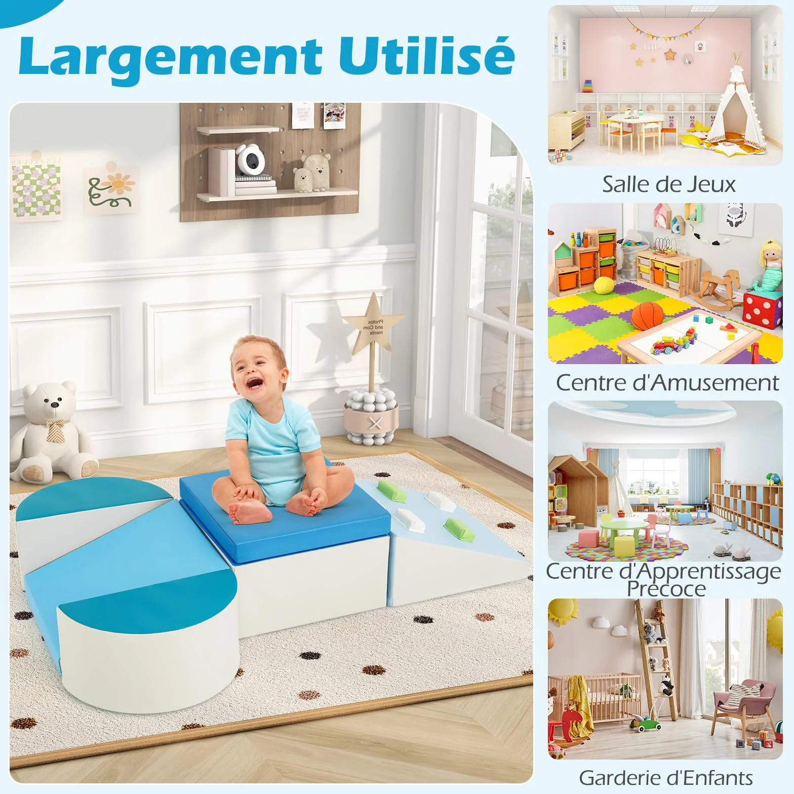 COSTWAY Parcours Motricité Bébé Mousse Housse PU Roches Escalade Attaches Crochets Jouets Éducatifs Ramper Grimper 12 Mois+ Bleu