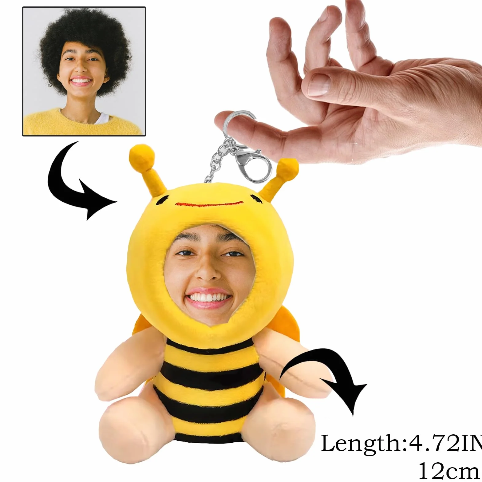 Peluche abeille personnalisée porte-clés 5 pouces cadeau photo visage