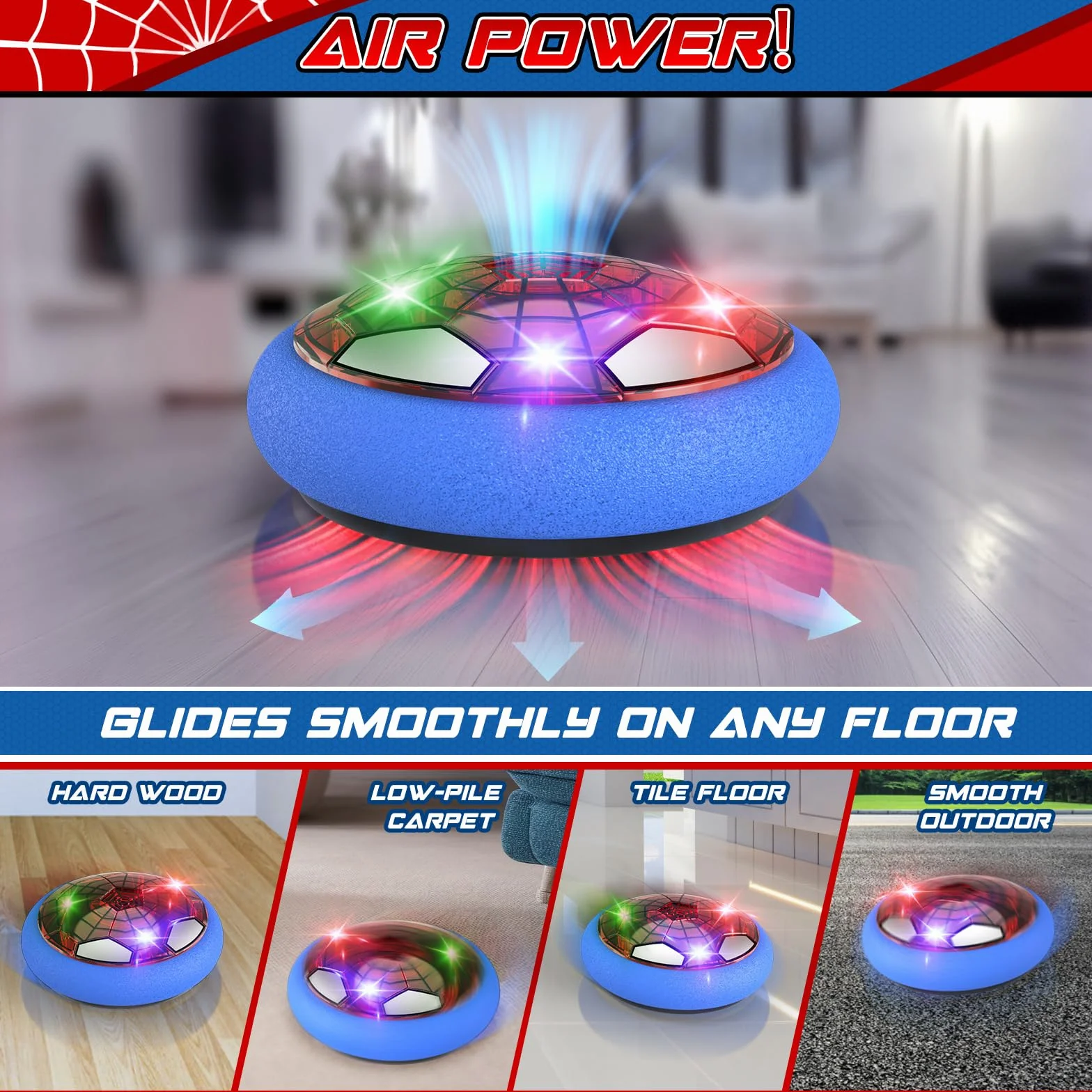 Spider Ballon de Foot Aéroglisseur Air Power Football Enfant Jouet Garçon 3-9 Ans Hover Ball Rechargeable LED Soccer Intérieur Extérieur Cadeau Noël