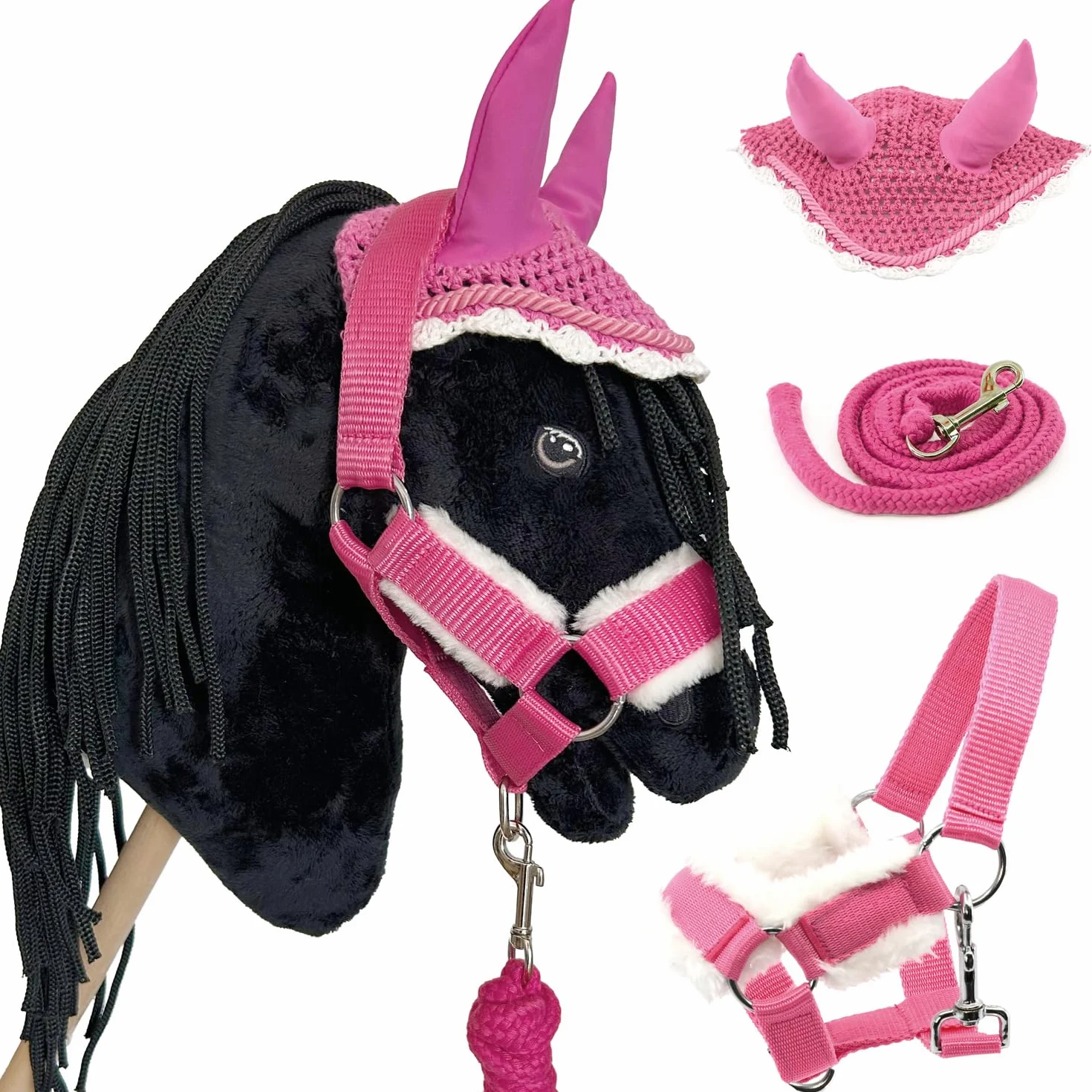 Hobby Horse Frison Noir pour Enfants 7-20 Ans Cheval Bâton avec Filet Rênes Accessoires