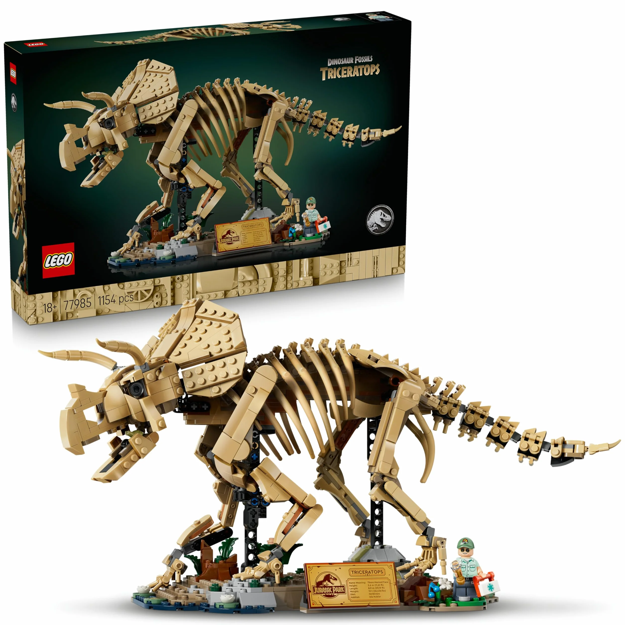 LEGO Jurassic World Les Fossiles de Dinosaure : Le Tricératops Maquette pour Adulte Minifigurine Dr Gerry Harding 77985