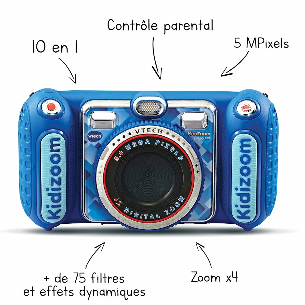VTech KidiZoom Duo DX Bleu Appareil Photo Numérique Enfant 10 en 1 Photo Selfie Vidéo Écran Couleur Lecteur MP3