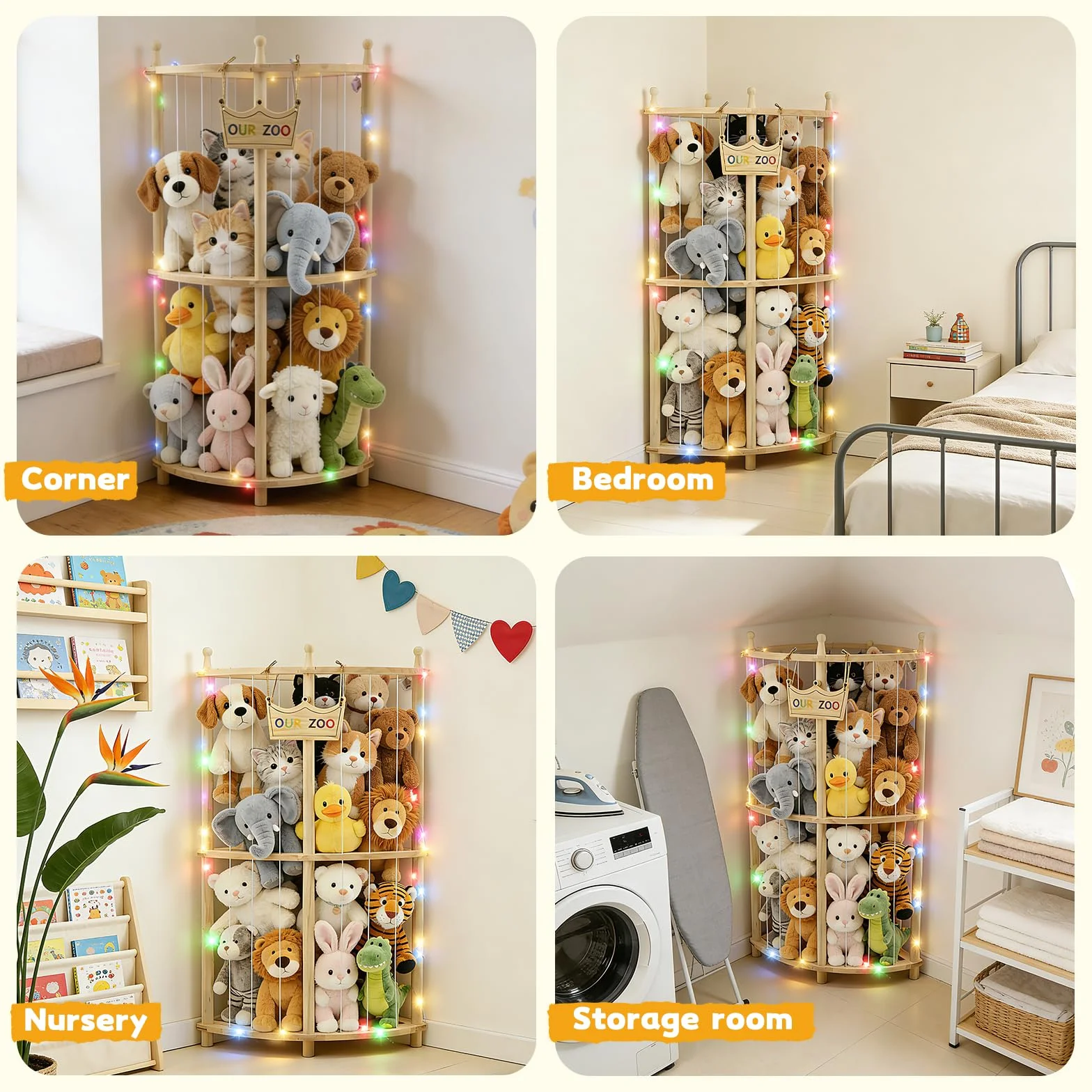 OUR ZOO Rangement d'angle pour doudou avec guirlandes lumineuses, double couche, bois, 90 cm, organisateur de jouets