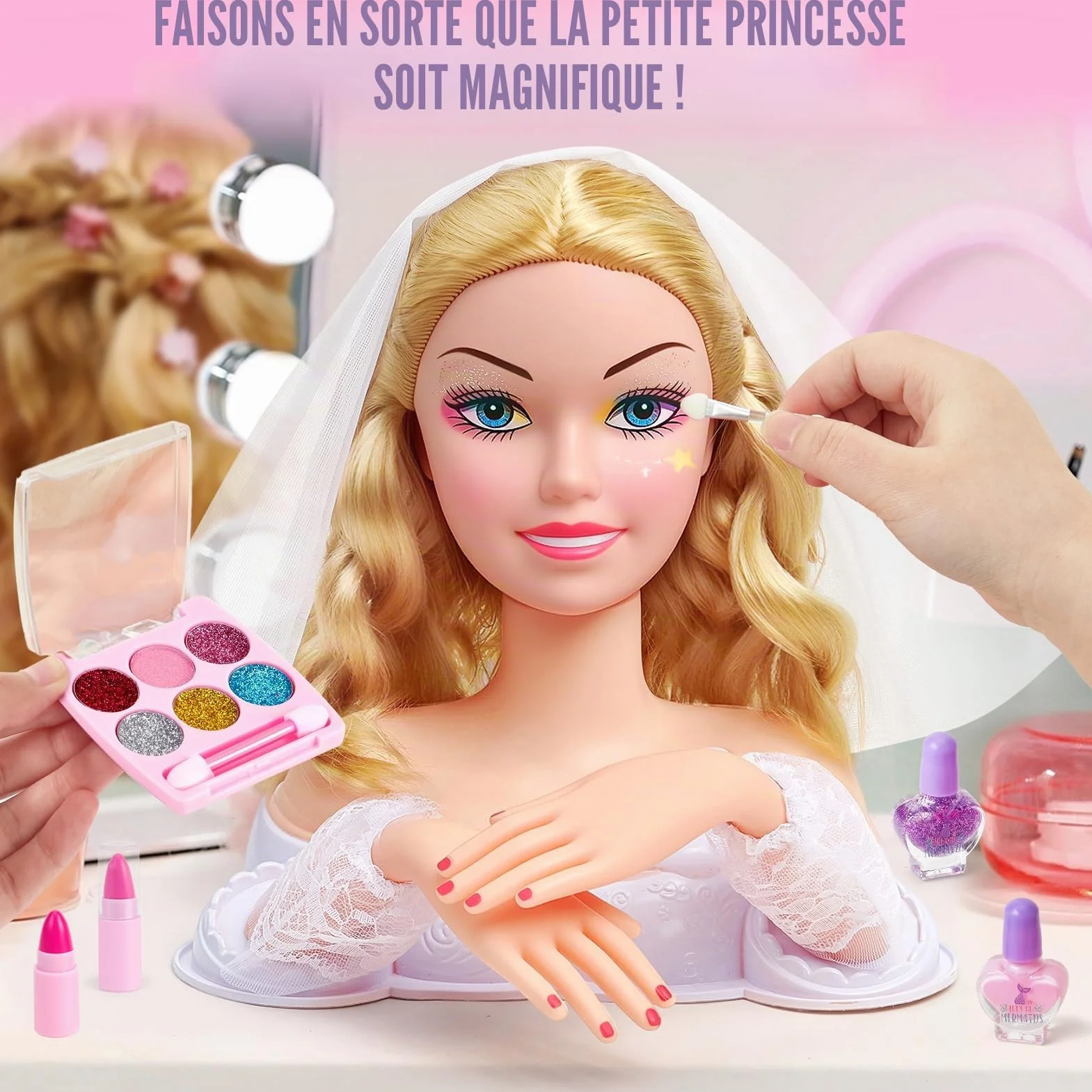 Vamei Tete a Coiffer Enfant avec Accessoires Coiffure, Poupée Maquillage Sèche-Cheveux, Salon Jouet Cadeau Fille 3-6 Ans