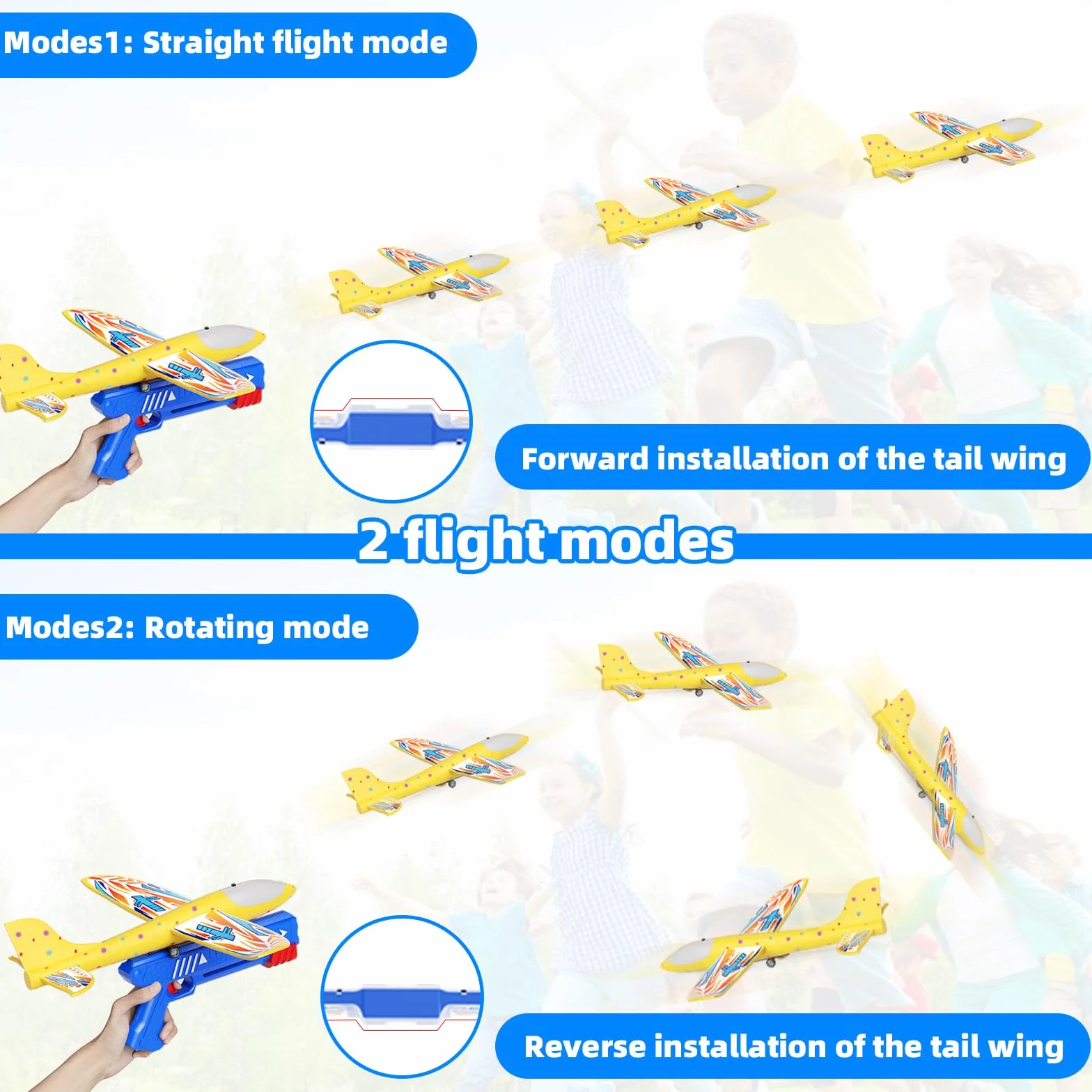 Doloowee 3 Avions Planeurs en Mousse, 2 Modes de vol, Jouets Volants d'extérieur avec Pistolet catapulte, Cadeaux pour Enfants 4-12 Ans