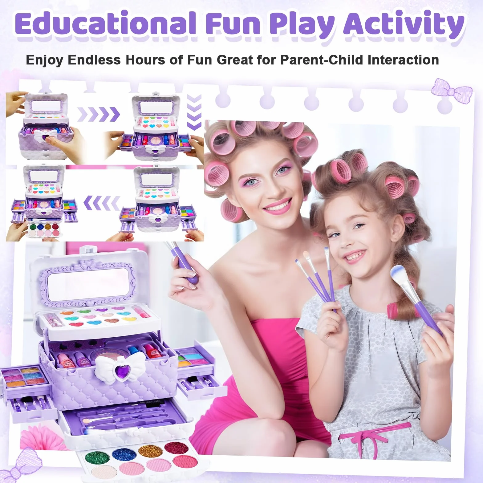 Chennyfun 53 Pcs Maquillage Enfant Jouet Filles, Lavable Malette Maquillage Valise Beauté Cadeau Noël Anniversaire 3-7+ Ans
