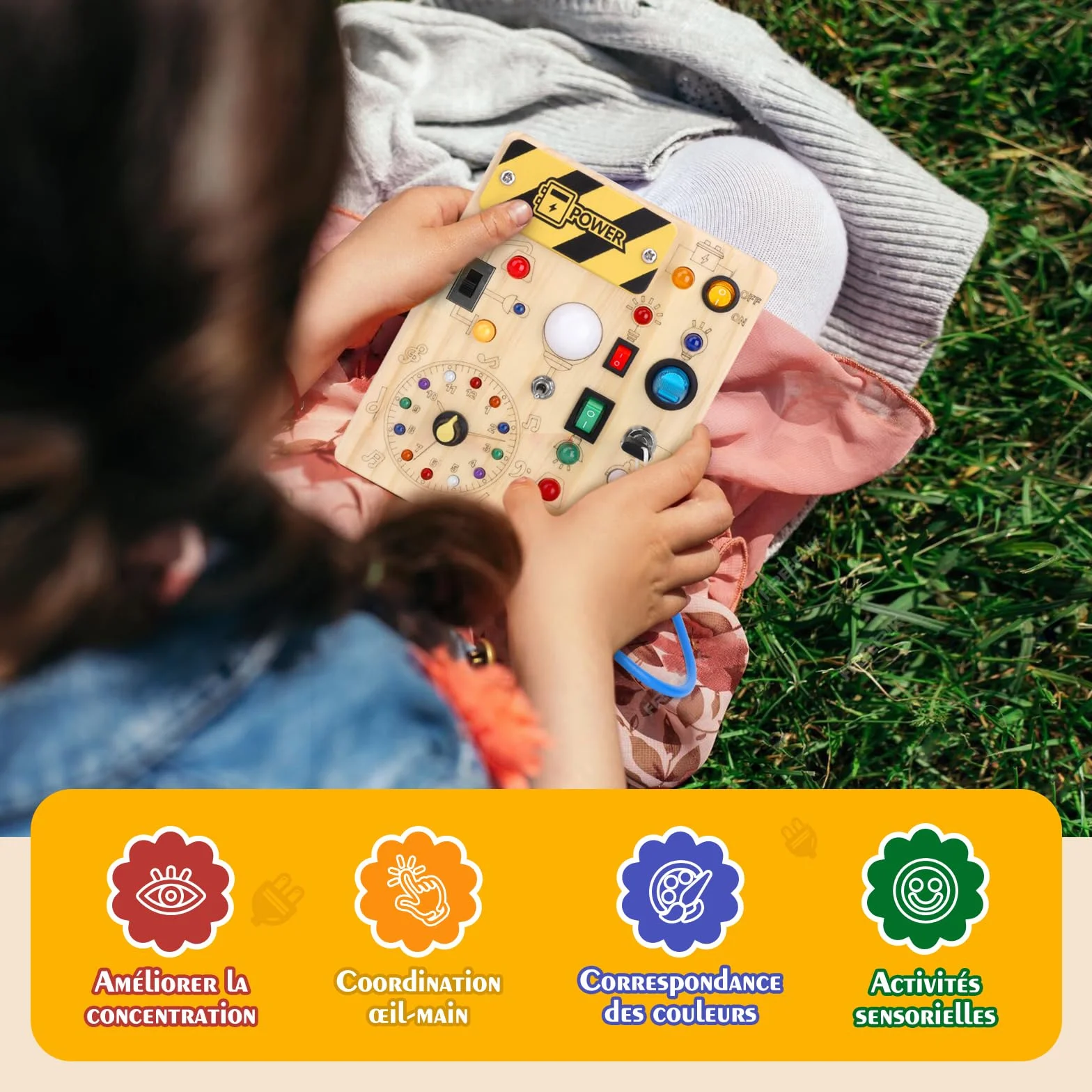 Busy Board Montessori 1 an Tableau d'Activités Horloge en Bois Sensorielle 10 Interrupteurs 23 Lumières LED Jeu Éducatif Motricité Fine