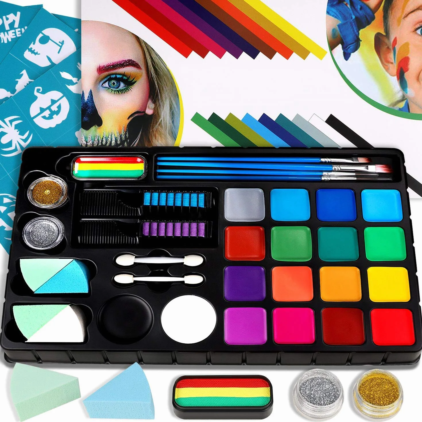 Kit Peinture Visage Enfant Maquillage Halloween 18 Peintures à l'Eau 28 Pochoirs