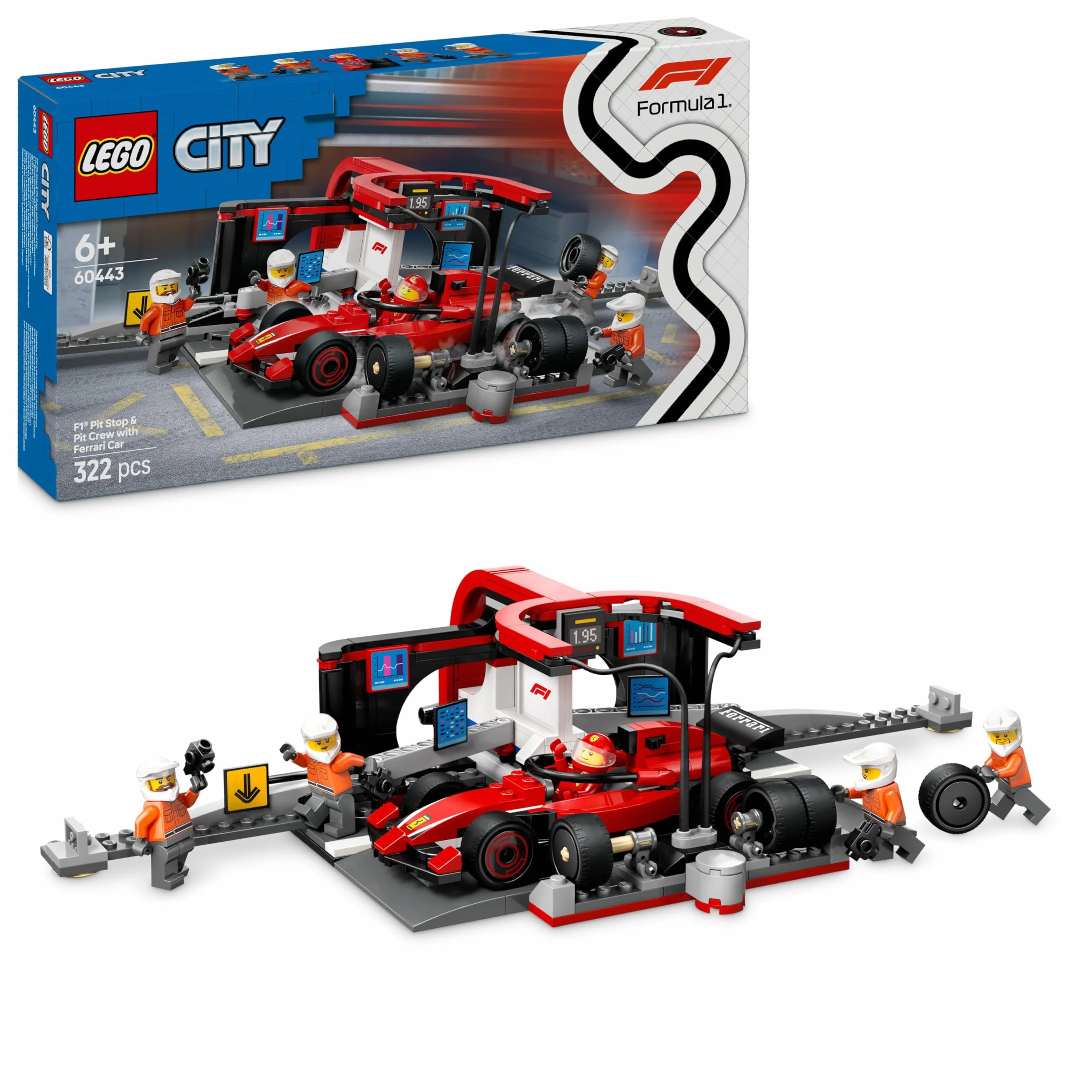 LEGO City Arrêt au Stand de F1 avec Voiture Ferrari - Jeu de Construction Formule 1 Pit Stop, Minifigurine Pilote & 4 Mécaniciens 60443