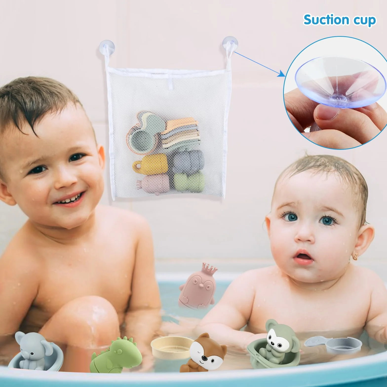 Jouets de Bain pour Bébé avec Jouets à Presser Sensoriels, Marionnettes à Doigts, Bateaux Empilables et Cuillère