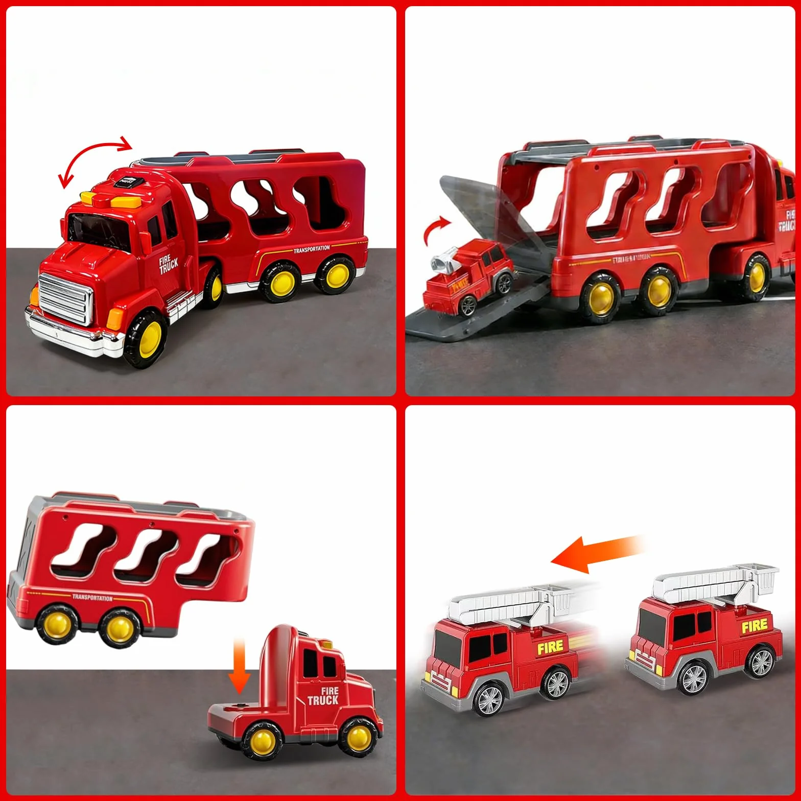 Camion de Pompiers 5 en 1 Jouet avec 4 Véhicules, Sons et Lumières Transporteur à Friction pour Enfants 3-6 Ans
