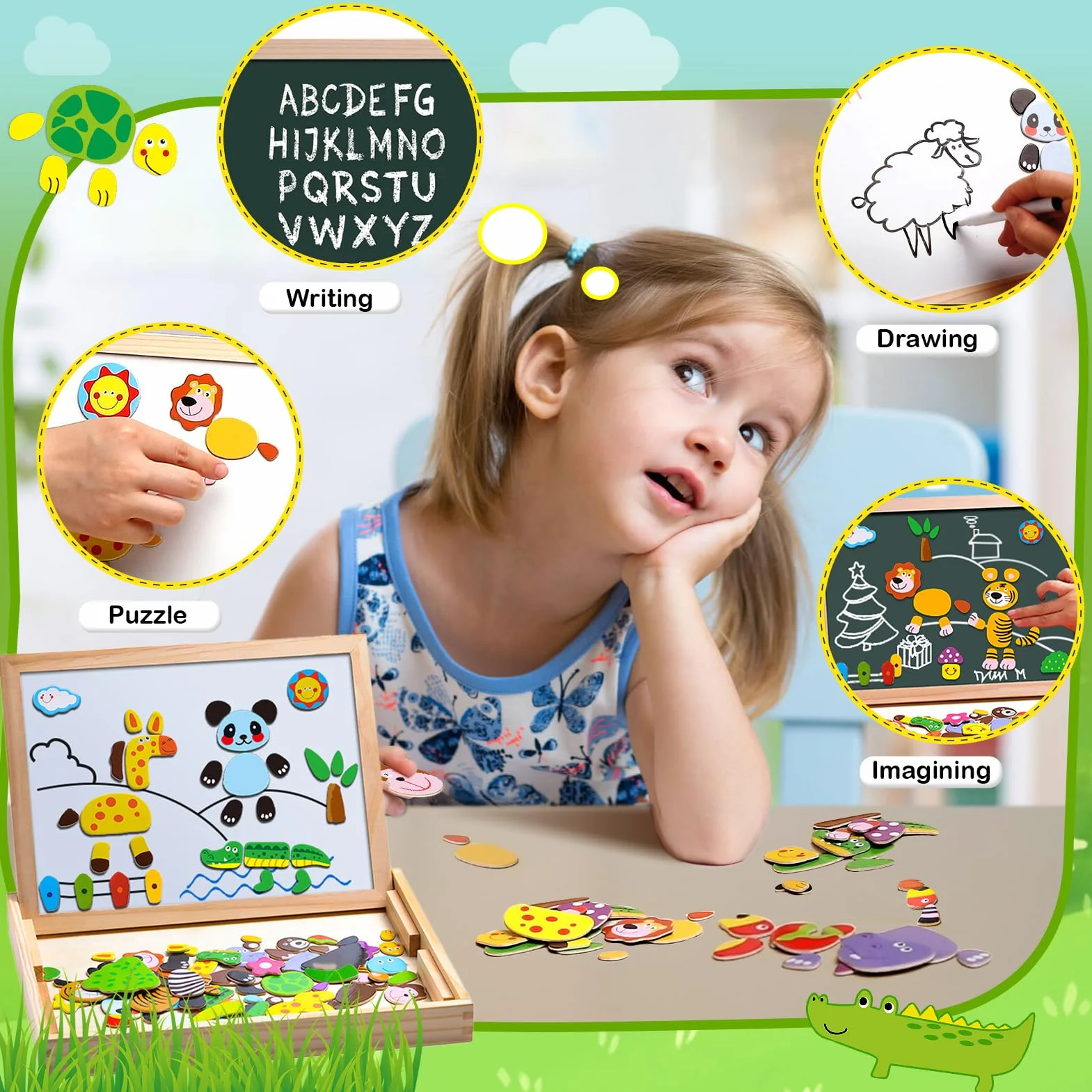 Magnetyczne Puzzle Drewniane 100 Elementów, Tablica Dwustronna Magnetyczna, Zabawka Edukacyjna dla Dzieci od 3 Lat