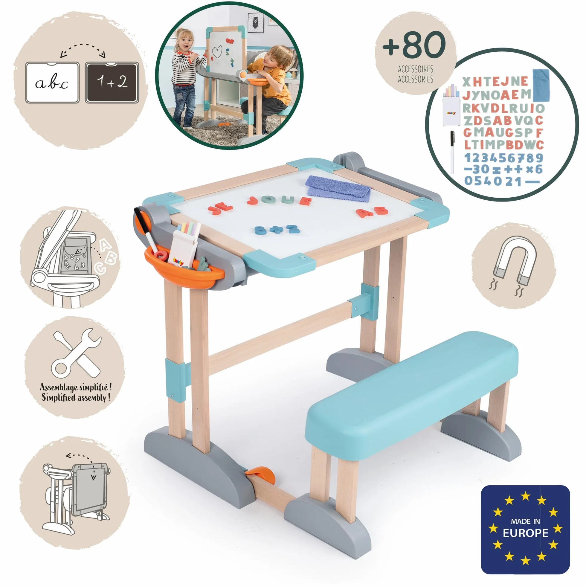 Smoby - Bureau Modulo Space - Transformable en Tableau Double Face - Bois et Plastique - Pliable et Compact - 80 Accessoires Inclus - A Partir de 3 Ans