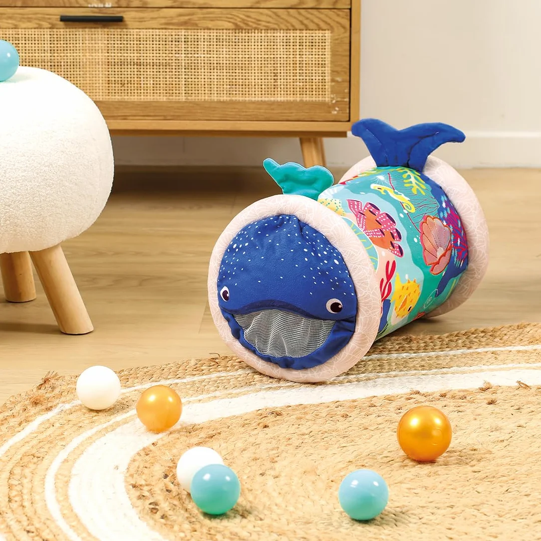 LUDI Baby Roller Baleine Rouleau Gonflable d’activités 6 activités sensorielles 45 x 30 cm Bleu