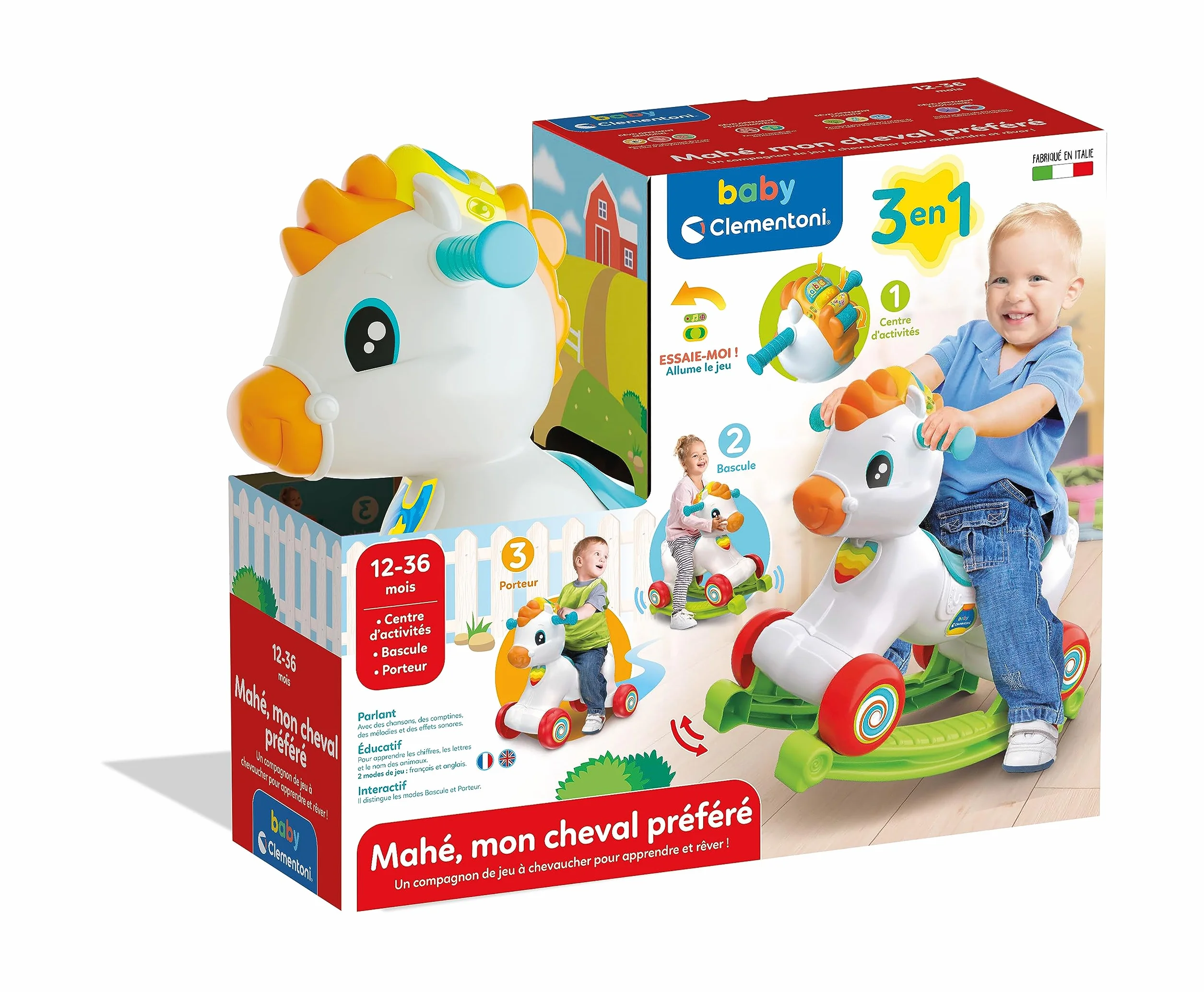 Clementoni Porteur Cheval Mahé Jeu Éducatif 3 en 1 Motricité Langage Émotion