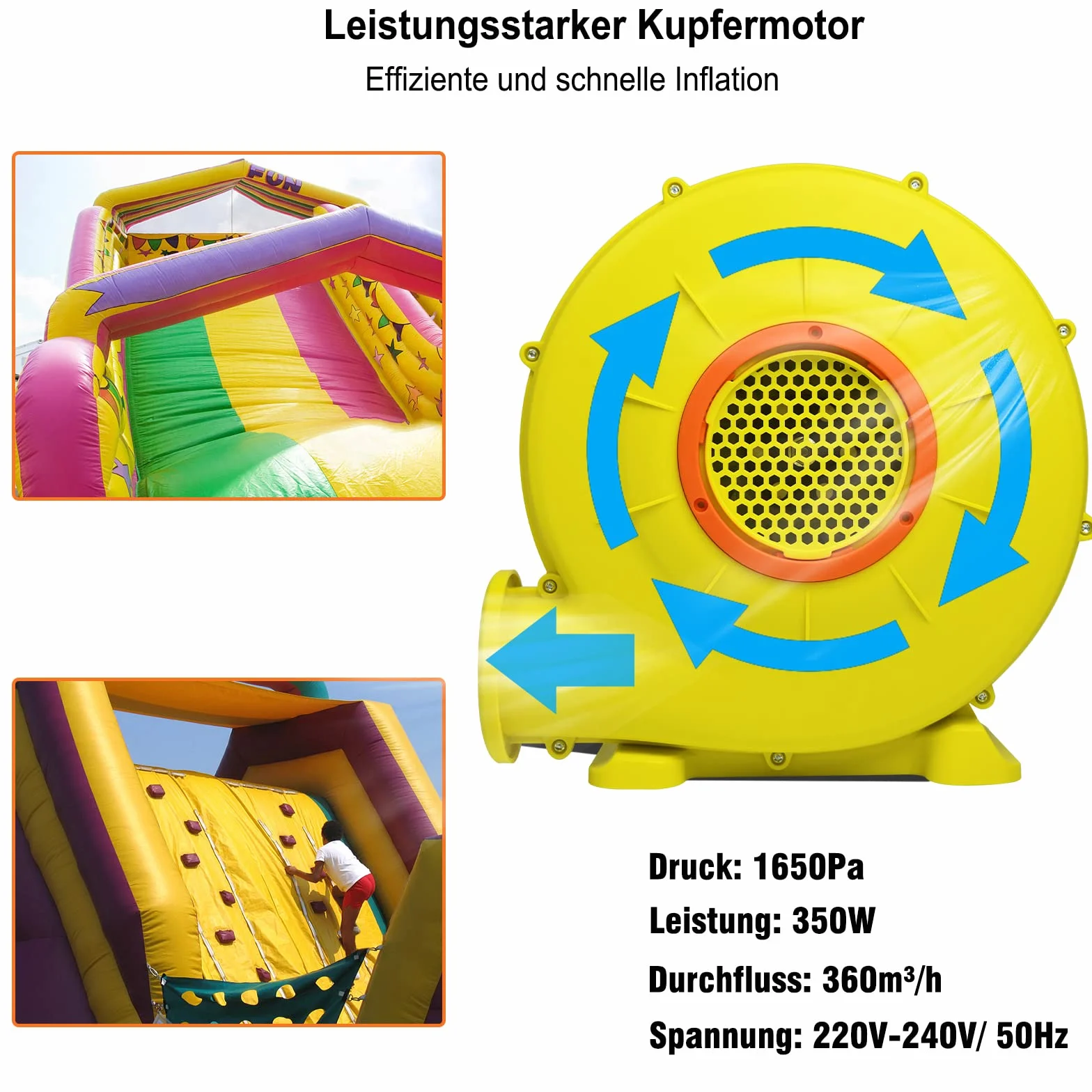 Pompe Air Electrique Souffleur d'air 350W pour Château Gonflable, Portable avec Poignée, Jaune